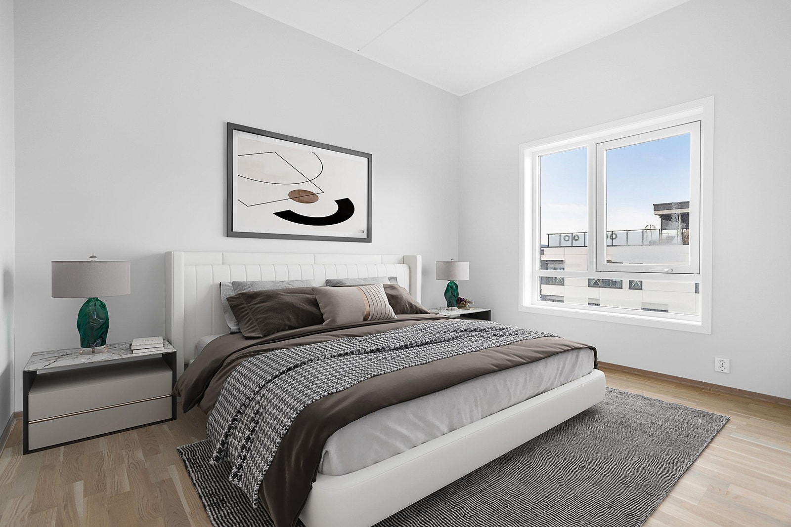 Denne romslige leiligheten har tre soverom. Hovedsoverommet har skyvedørsgarderobe, bodrom og eget, privat bad. Bildet er digitalt stylet. Galleribilde