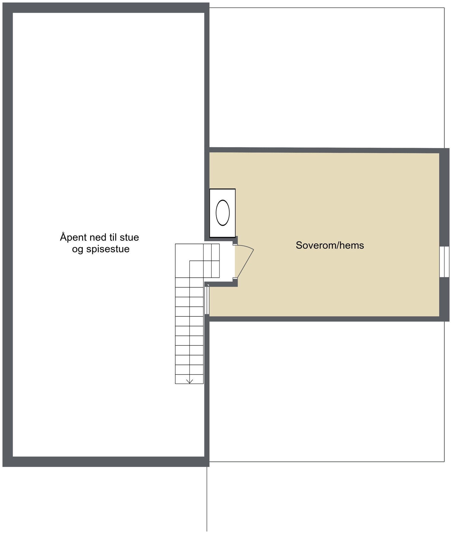 Plantegning hems. Merk at rømningsveien / vinduet ikke tilfredsstiller dagens krav til rømning. Galleribilde