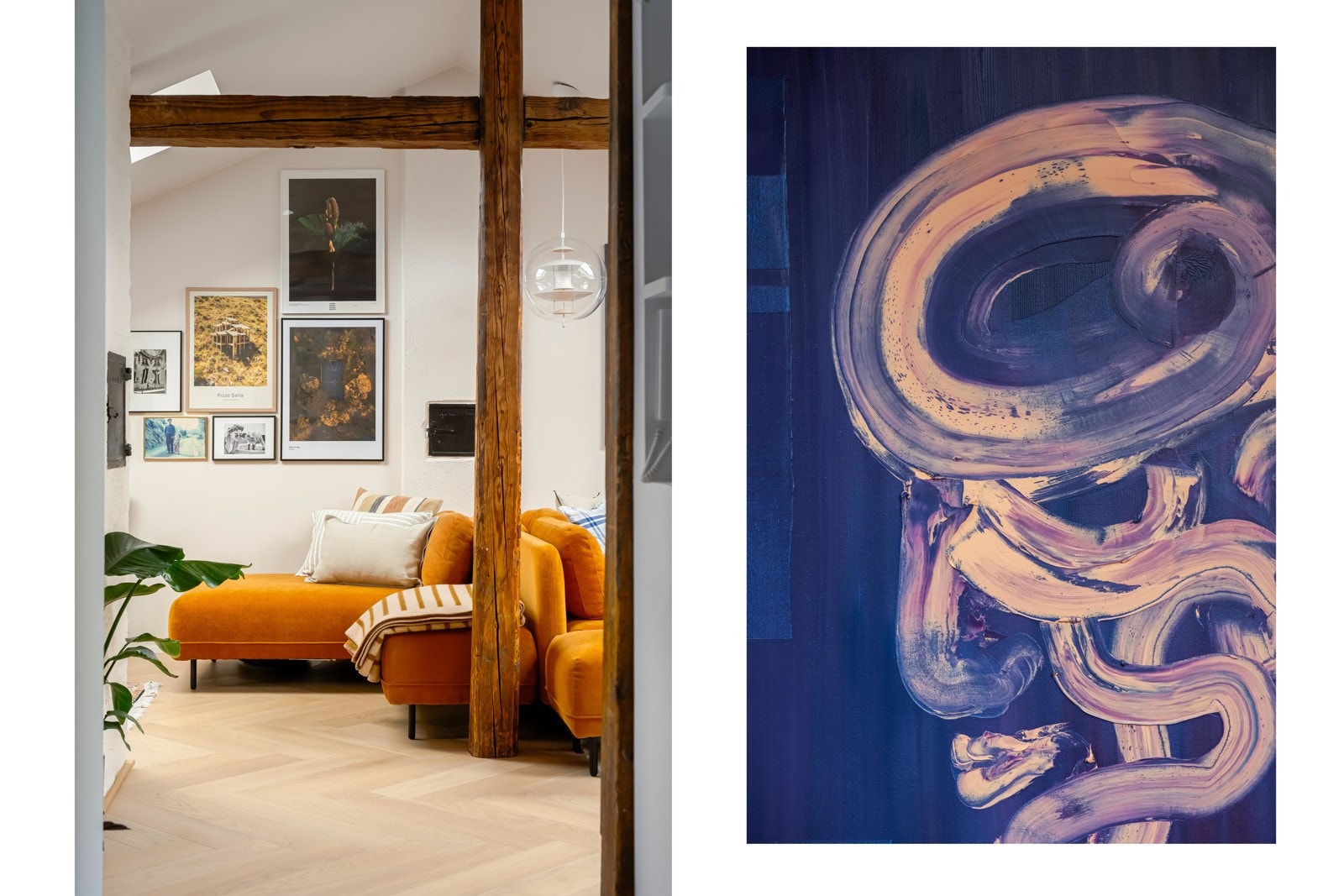 De originale bjelkene er godt ivaretatt og gir akkurat den sjarmen du ønsker i en loftsleilighet. Ikke minst er bjelkene en rød tråd i de ulike rommene. Galleribilde