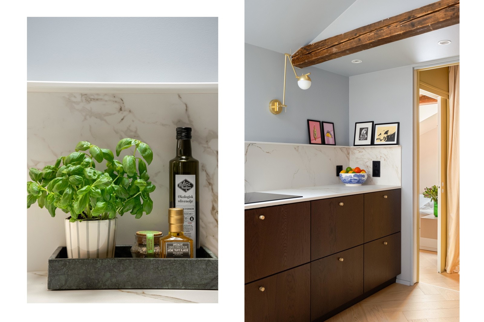 Benkeplaten er delvis trukket opp langs veggen, hvor det er etablert en praktisk og dekorativ hylle. Galleribilde