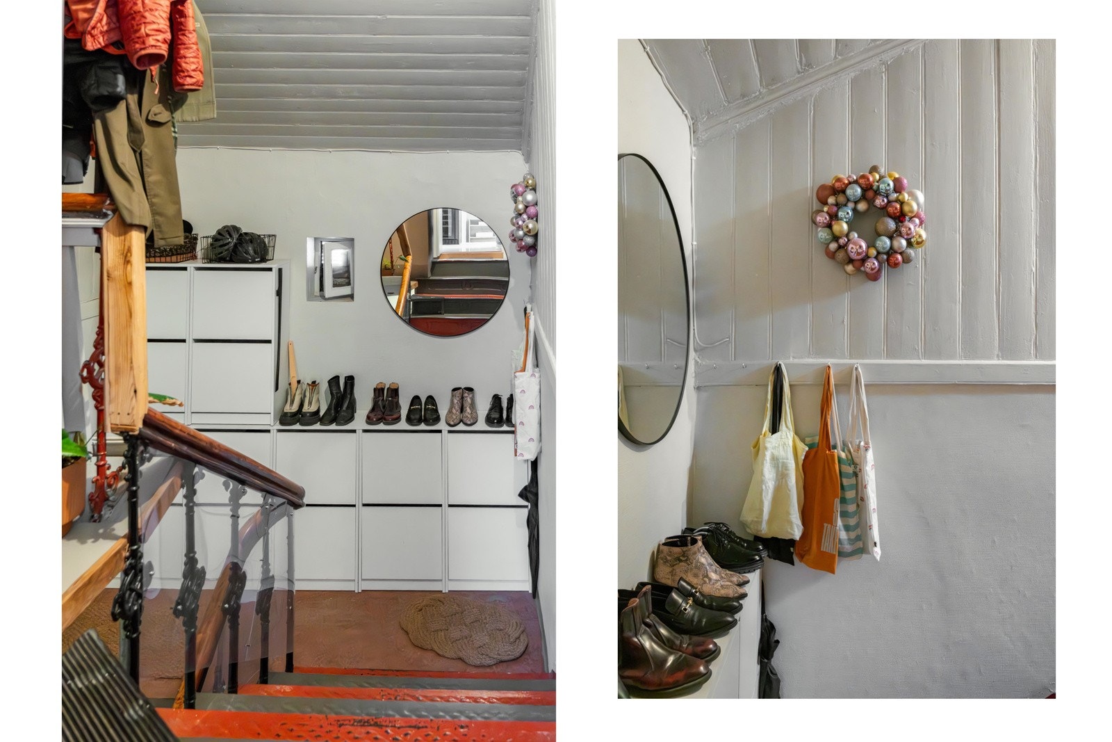 Ingen entré sa du? Vi er helt enige i at vi må ha et sted å plassere sko og ytterjakker, og man har derfor benyttet den romslige oppgangen til dette. Galleribilde