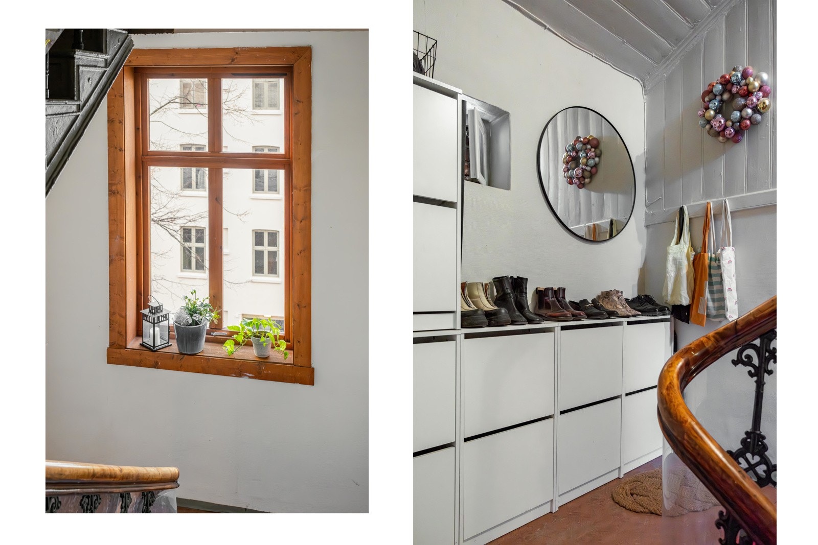 Skoskapet sørger for at skoene dine også får et hjem. Det er ellers oppheng til ytterjakker ved inngangsdøren. Galleribilde