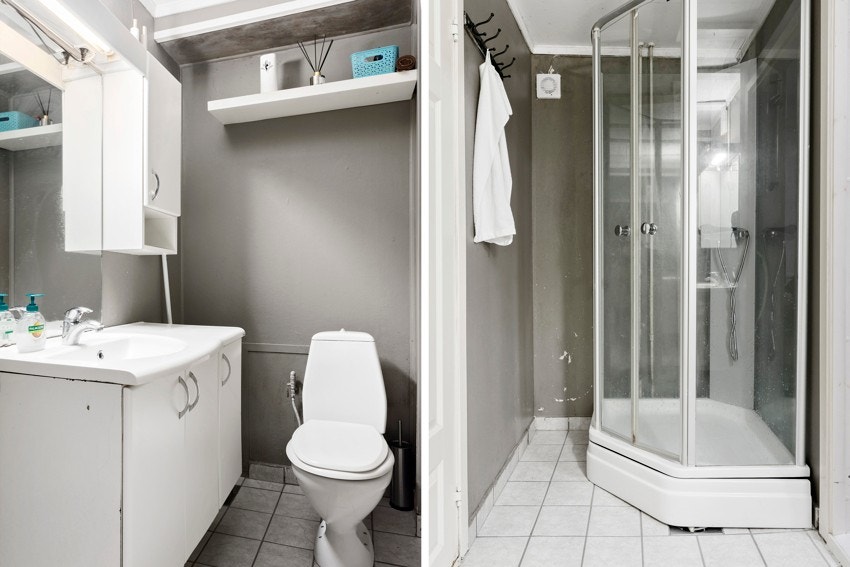 Bad med flislagt gulv. Dusjkabinett, og servant med overskap, speil og elektrisk avtrekk. Vaskerom i kjeller. Galleribilde