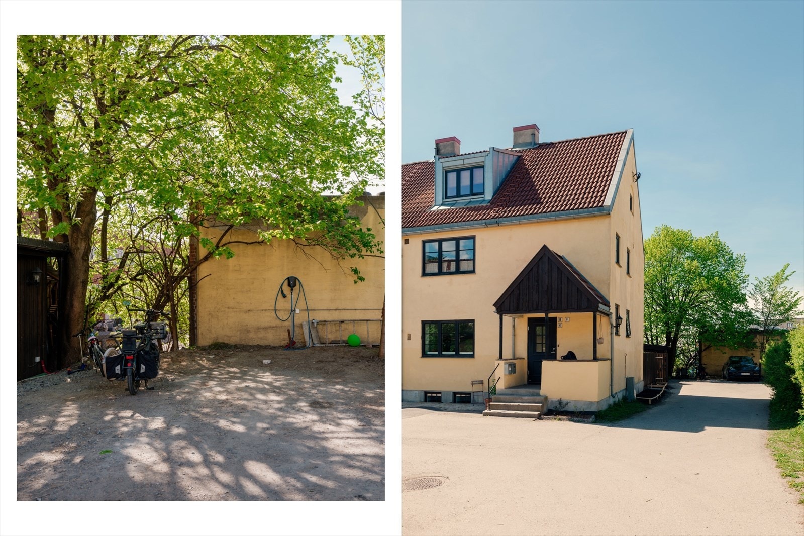 Boligen har en meget god intern beliggenhet i borettslaget, på enden av rekken og innerst i hagebyen, tilbaketrukket fra vei- og biltrafikk. Egen parkeringsplass med montert el-lader finnes rett til høyre for boligen. Galleribilde