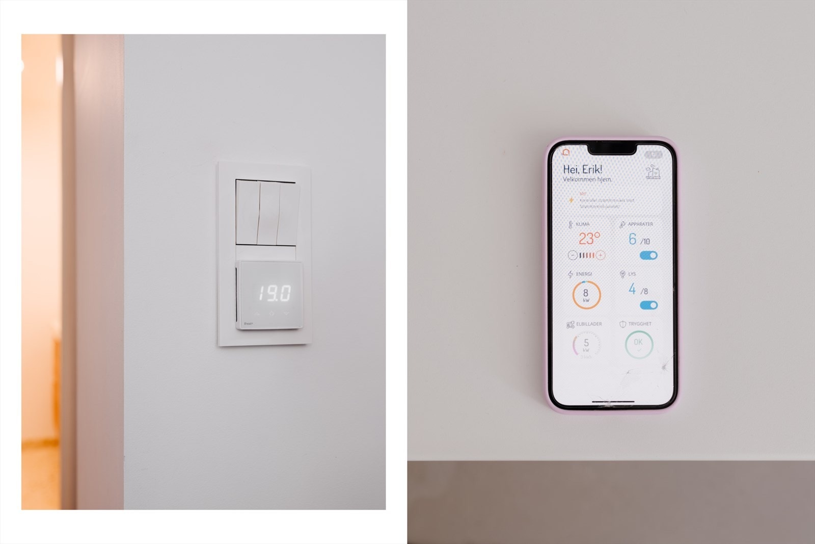 Boligen har installert smartstyring - Alle boligens "devices" som f.eks. temperaturer, lys og el-bil lading kan styres enkelt gjennom app, og sørger for energioptimalisering i hjemmet. Galleribilde