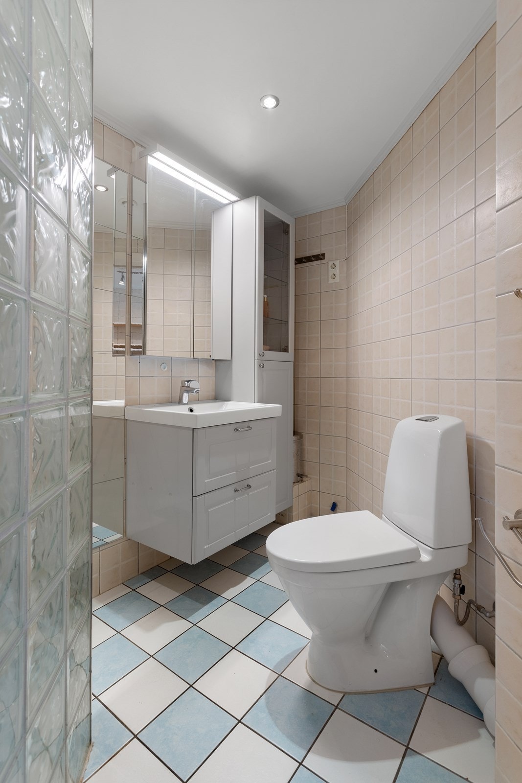 Badet inneholder dusjnisje med vegg av glassbyggerstein, servant med skuffer, speil med lys over og gulvstående toalett. Galleribilde