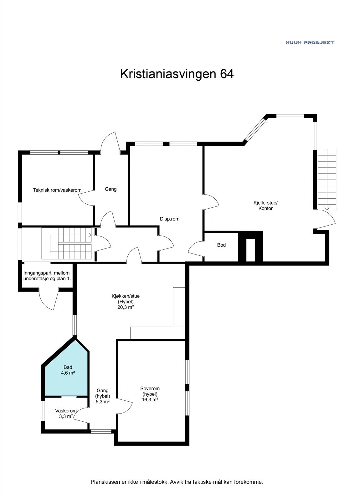Planskisse: U. etg. 131 kvm BRA: Vaskerom, gang, disp.rom, kjellerstue, bod, trapperom, gangareal. Hybeldel: Stue/kjøkken, soverom, gang, bad og vaskerom (rom i "hybel" delen er godkjent til rom for varig opphold, men ikke søkt som en separat utleieenhet. Galleribilde