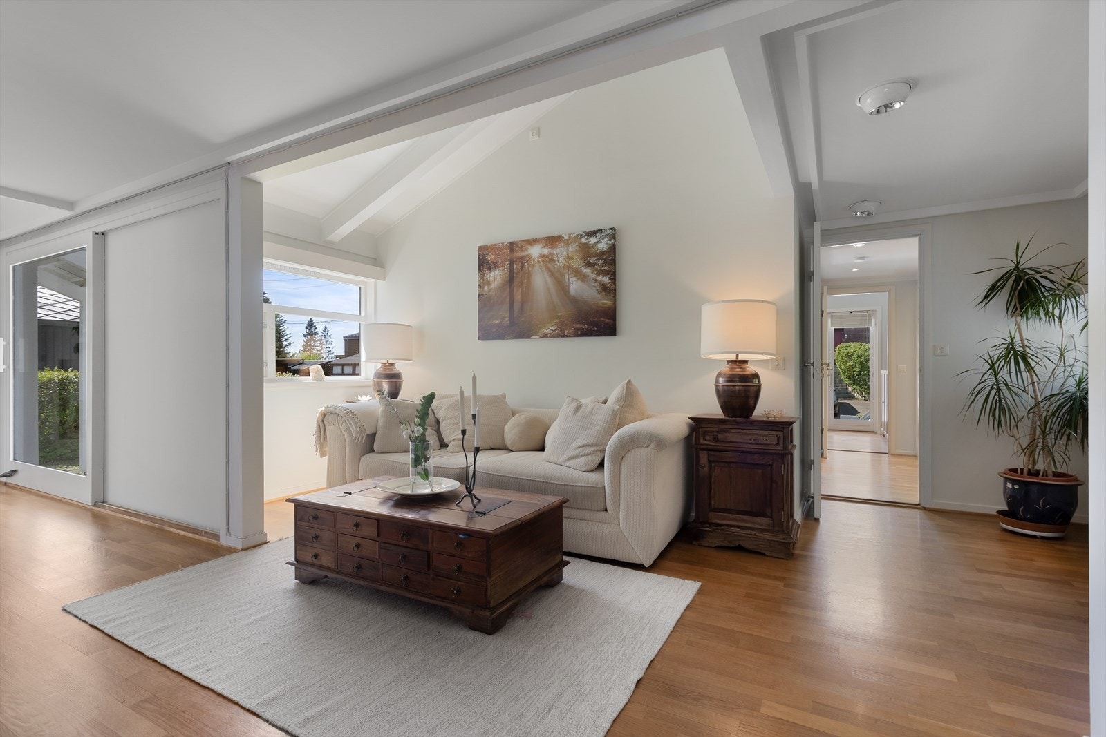 Alle overflatene i boligen er lysmalte og harmonerer godt med alt det naturlige lysinnslippet. Galleribilde