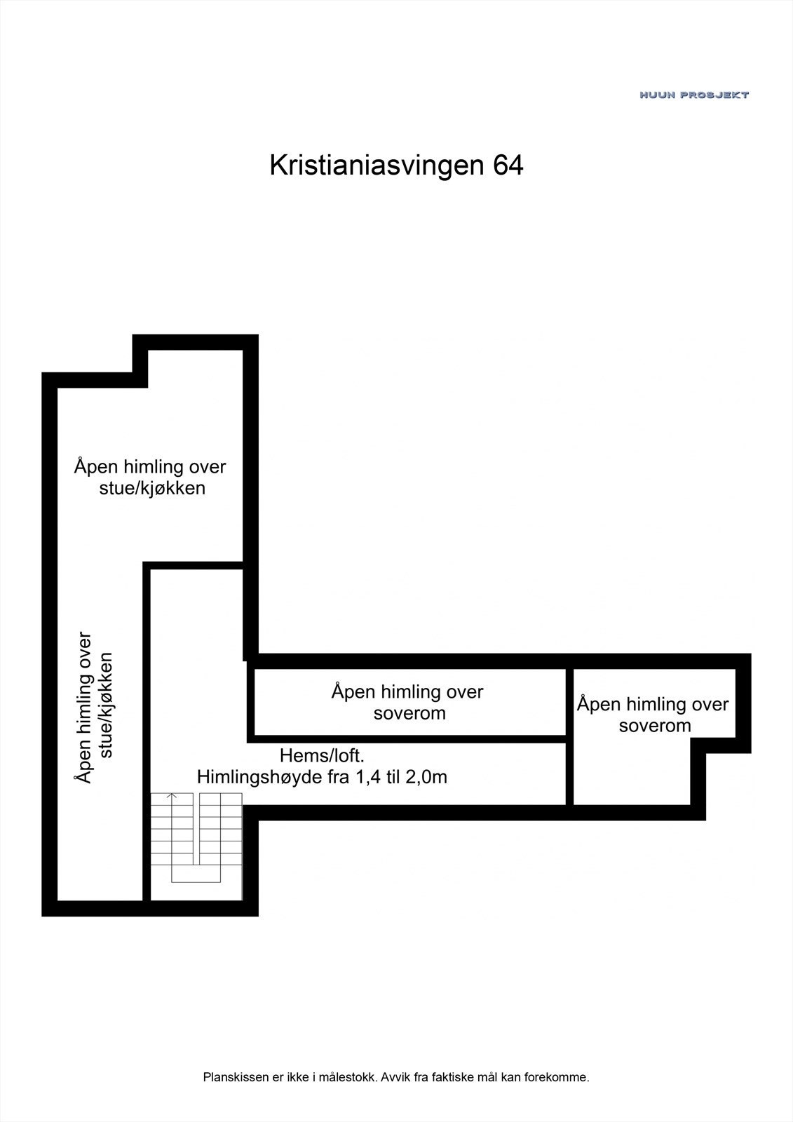 Planskisse: Hems 10 kvm BRA: Trapp og oppholdsareal med høyde over 190cm. Utgjør ca 10 kvm. Gulvareal på loft er målt til ca 24 kvm. Galleribilde