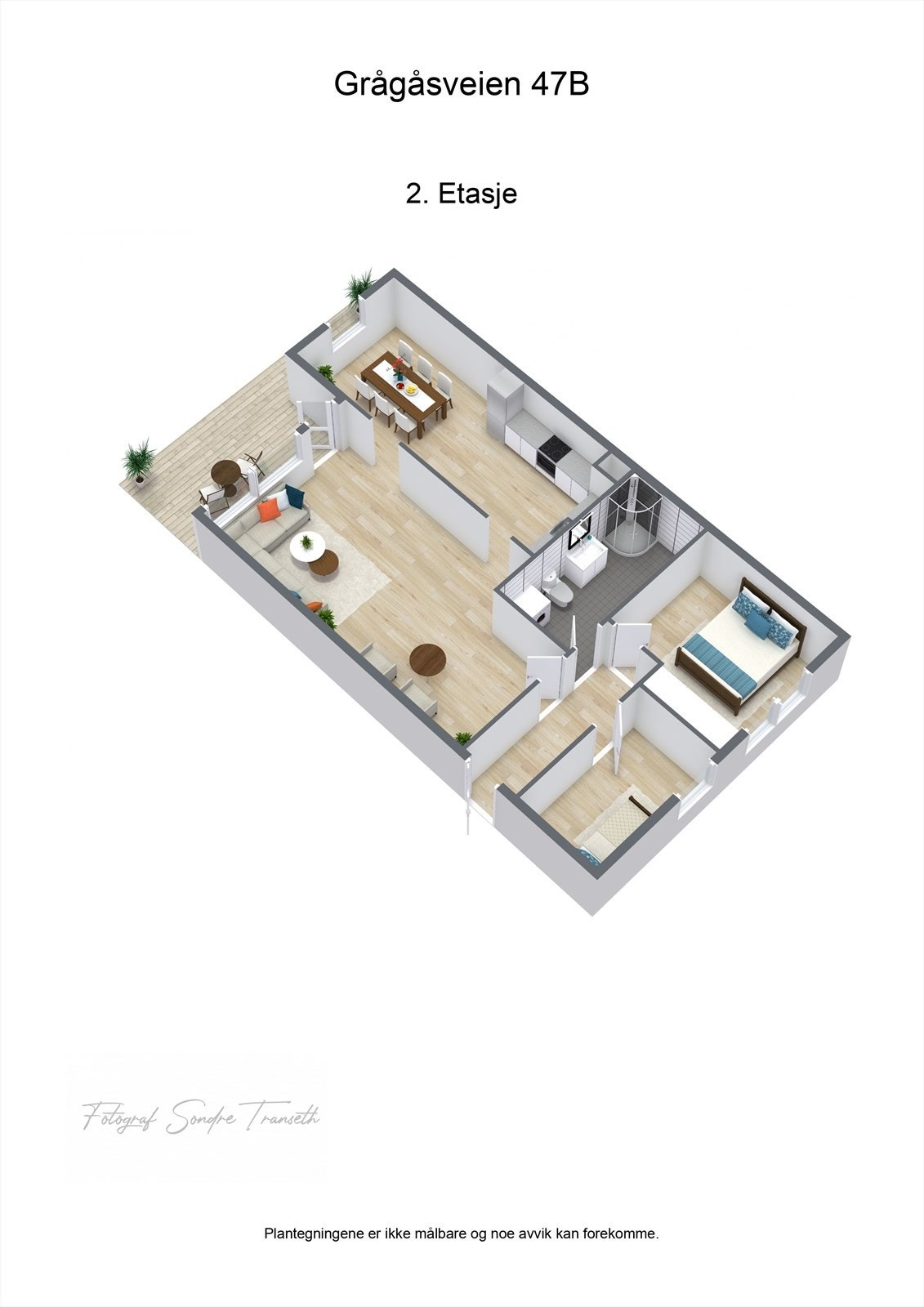 Planløsning: entre, 2 stk. soverom, bad, stue med tilkomst til balkong, samt kjøkken/spisestue. Det medfølger i tillegg parkeringsplass (nabobygg), samt en ekstern bod. Galleribilde