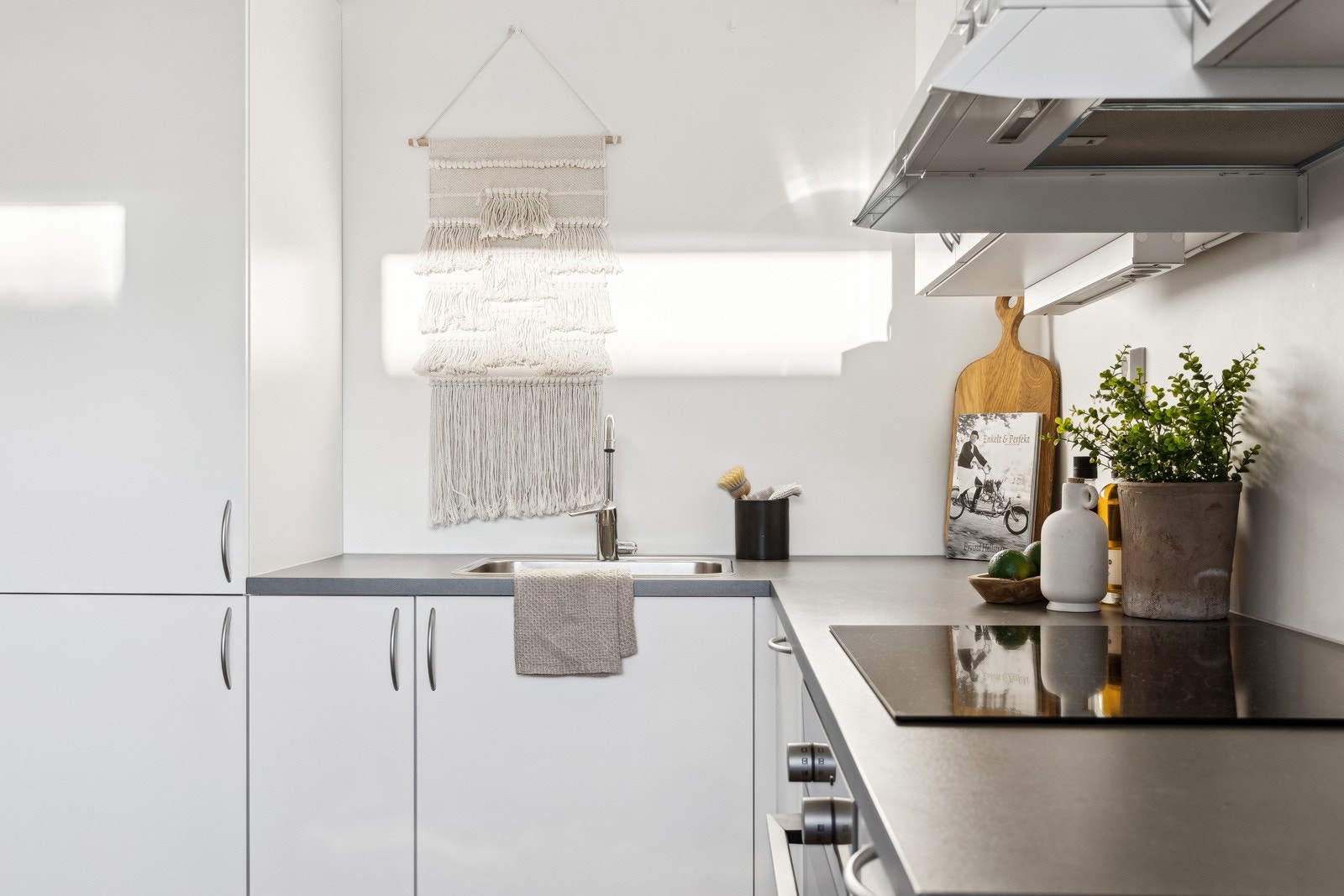 Flott kjøkken med integrerte hvitervarer som stekeovn, platetopp, oppvaskmaskin og kjøleskap med fryser. Ventilator i overskap som drives av det balanserte ventilasjonsanlegget. Galleribilde