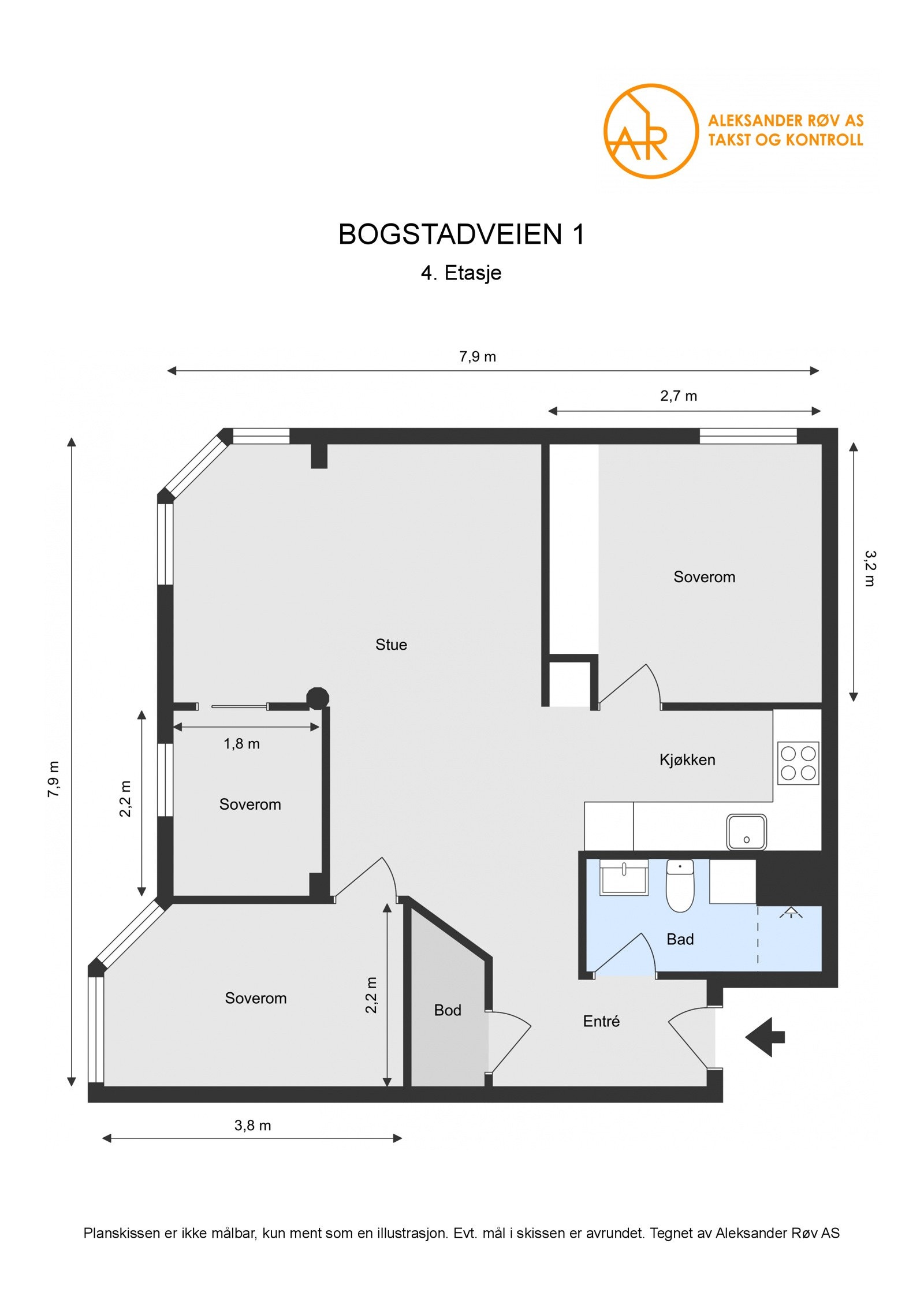 Målsatt plantegning av leiligheten. Det medfølger også en ekstern bod. Galleribilde