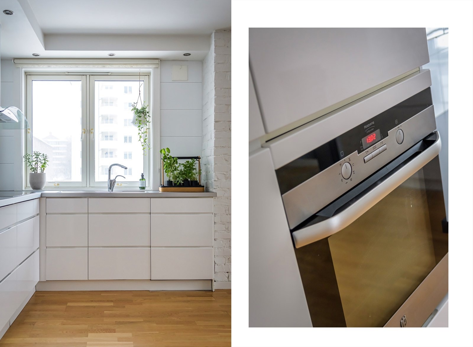 Kjøkkenet er utstyrt med integrerte hvitevarer som platetopp, stekeovn, oppvaskmaskin og kombinert kjøle- og fryseskap. Galleribilde