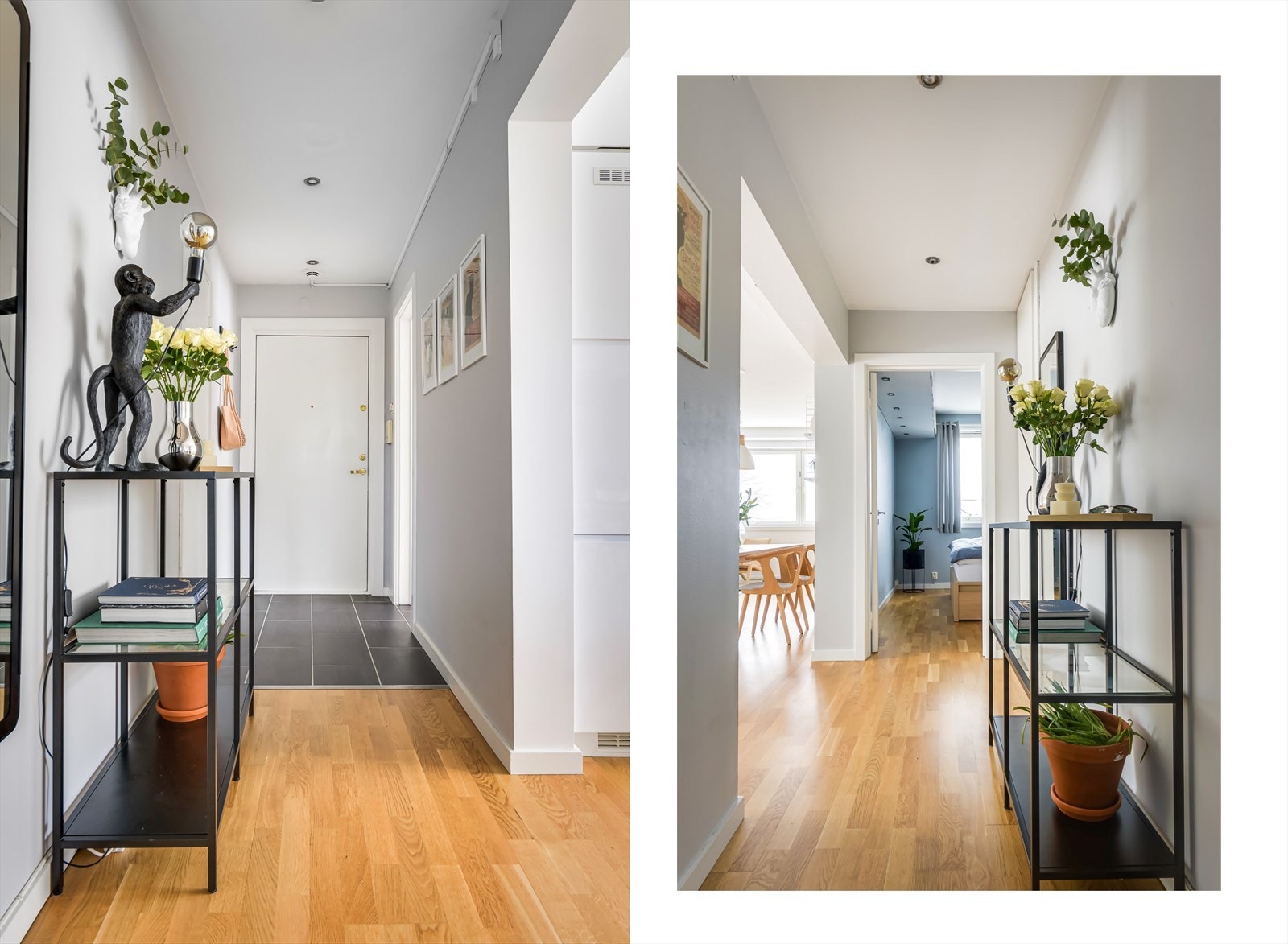 Innbyende entré/gang med praktisk flislagt gulv og plass til oppheng av yttertøy og oppbevaring av sko. Galleribilde