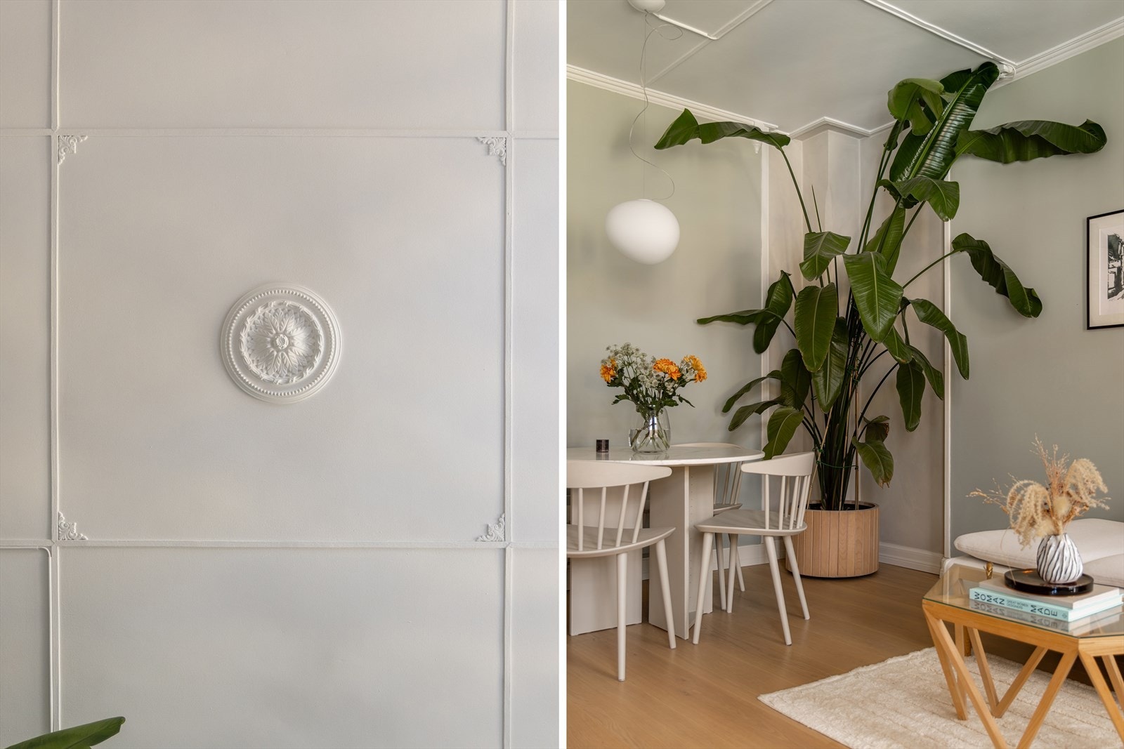 Takdetaljene og stukkaturen gir en klassisk følelse, mens resten av rommet byr på moderne og delikate løsninger. Galleribilde