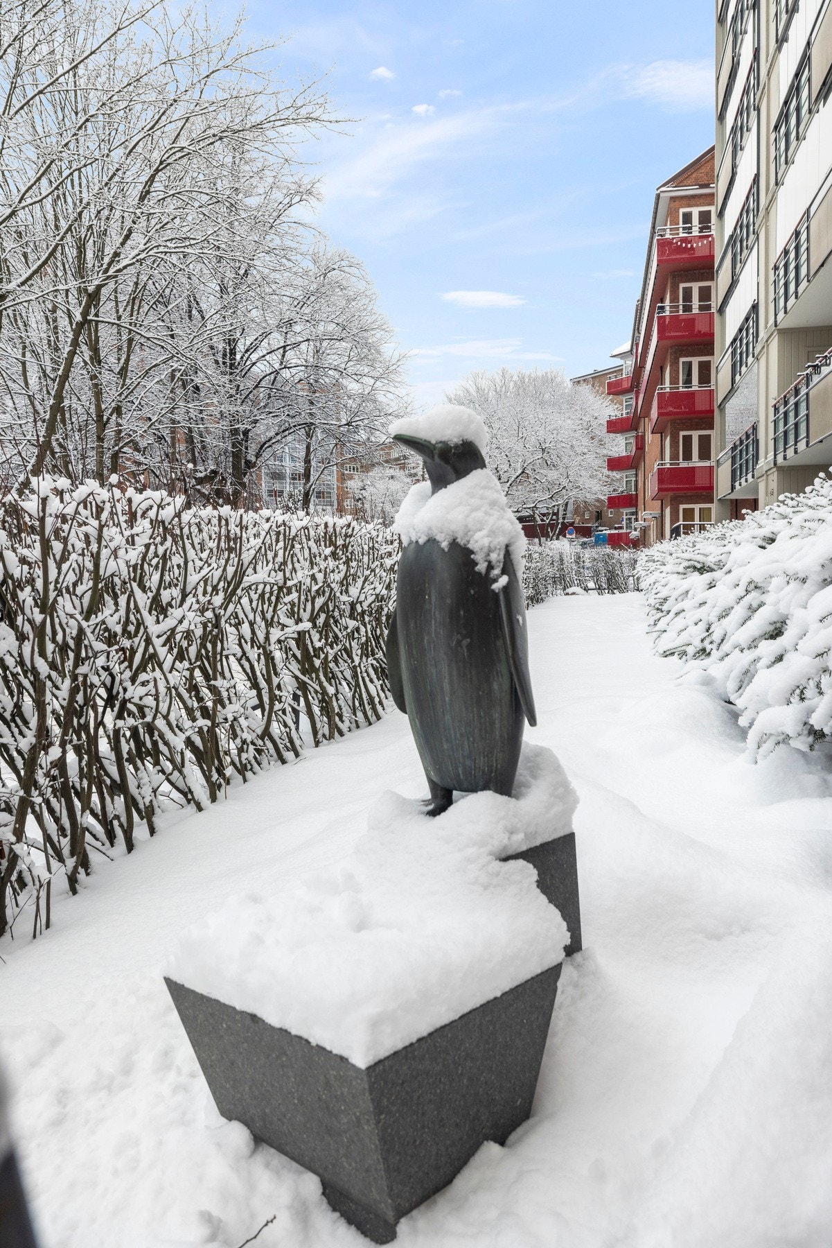 Pingvinstatuen utenfor inngangspartiet kler snøværet! Galleribilde