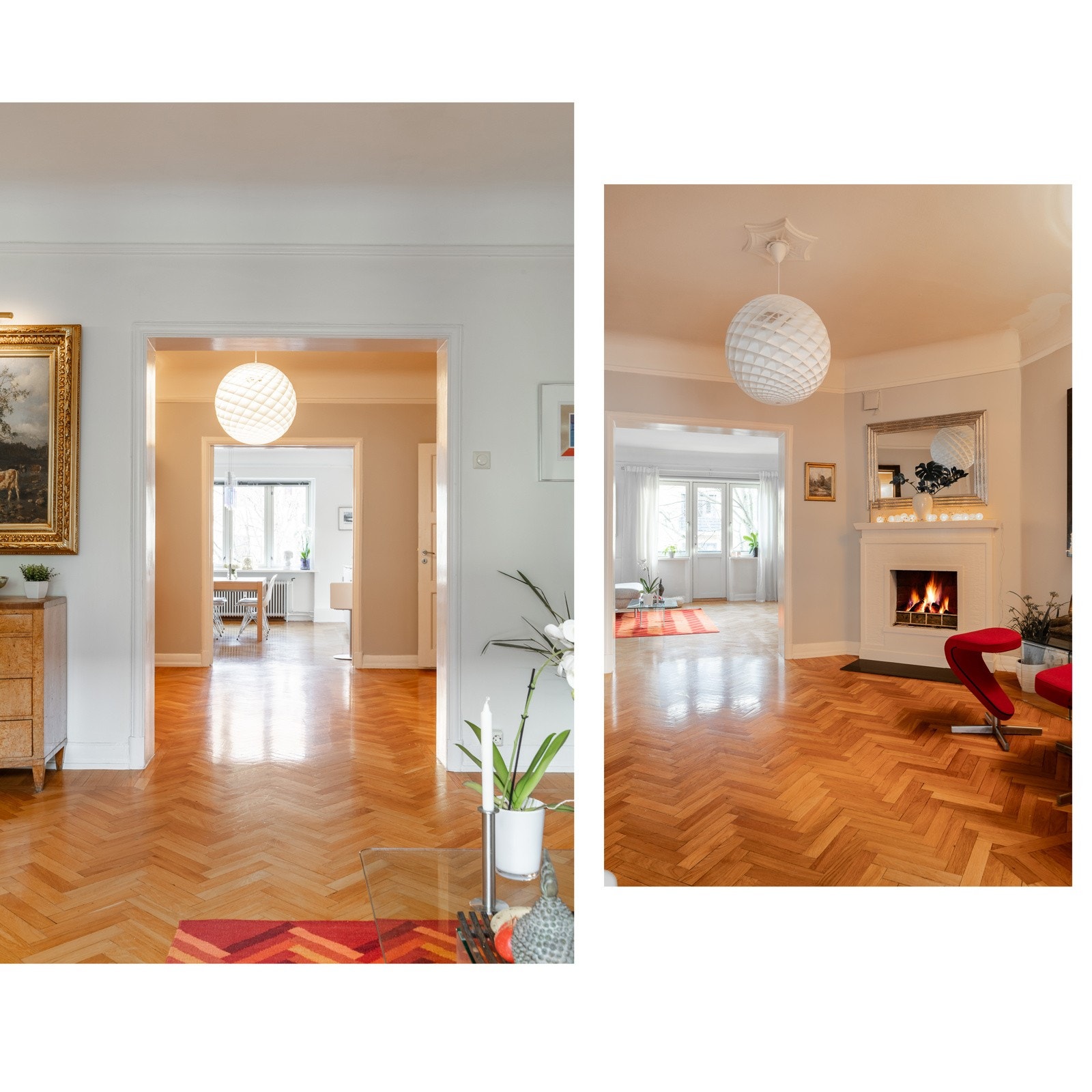 Tilkomst fra entré til stor hall med peis som skaper en behagelig varme. Galleribilde