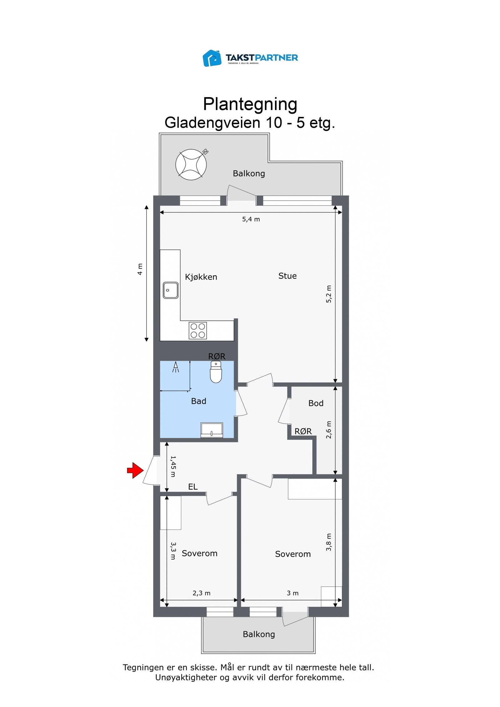 Plantegning. Leiligheten ligger i byggets femte etasje. Galleribilde