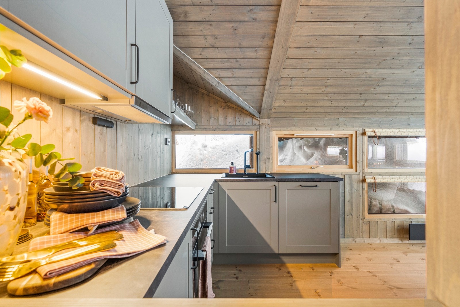 Det er integrerte hvitevarer med kjøleskap, oppvaskmaskin, komfyr og induksjonstopp. Galleribilde