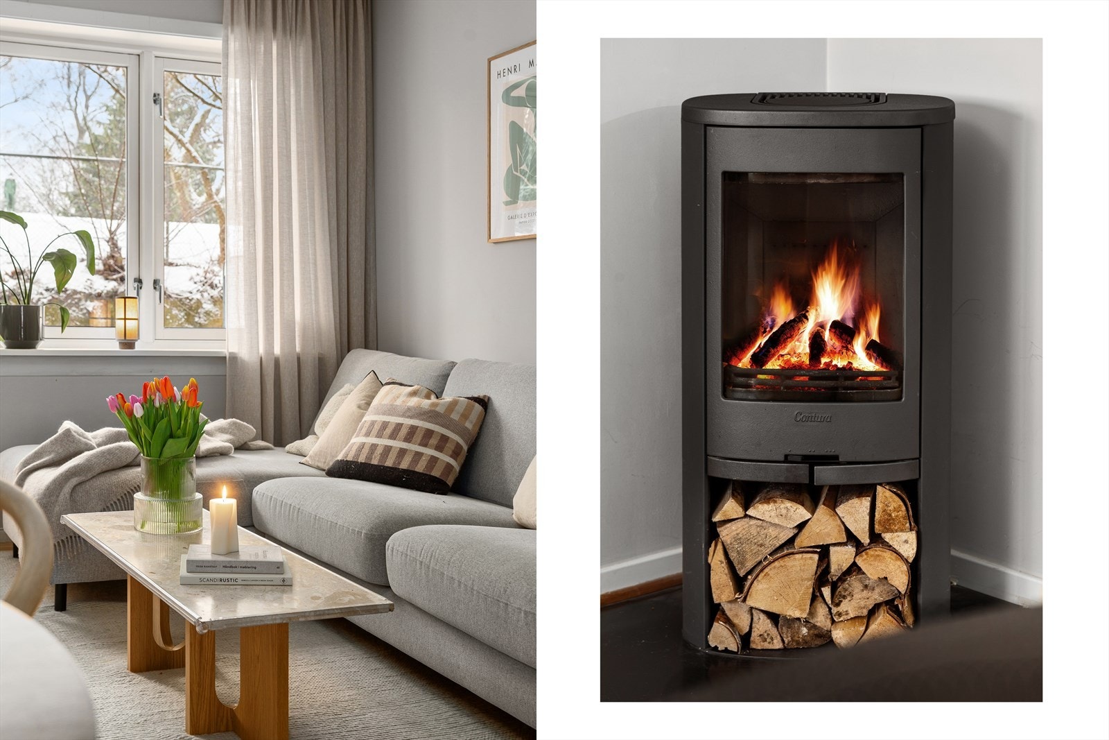 Stemningsfull og varmende peis i stuen. Galleribilde