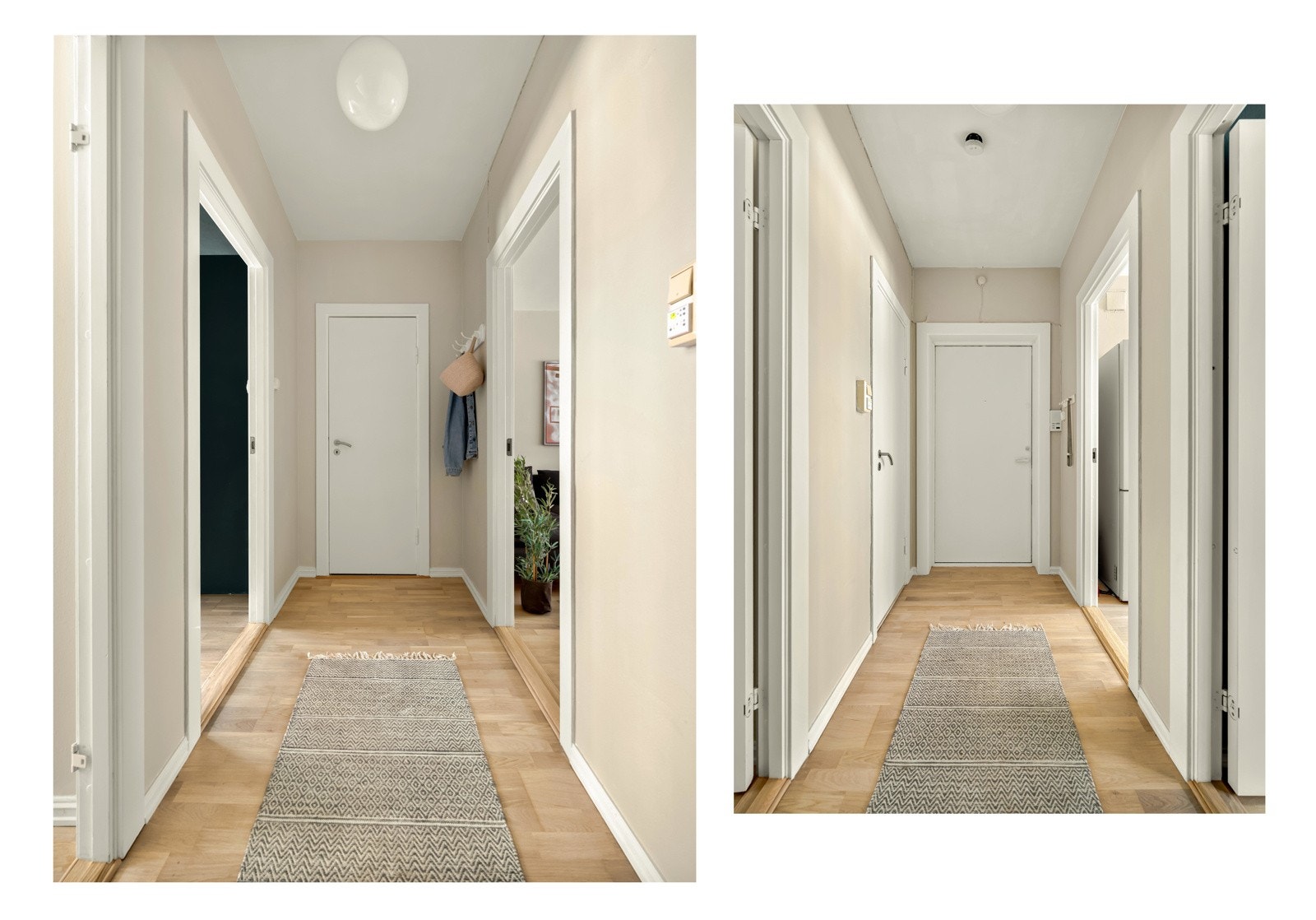 Vi tar turen inn igjen, og til entréen som knytter de ulike rommene sammen. Det er dessuten knaggrekke med mulighet for å henge fra seg yttertøy rett innenfor inngangsdøren. Galleribilde