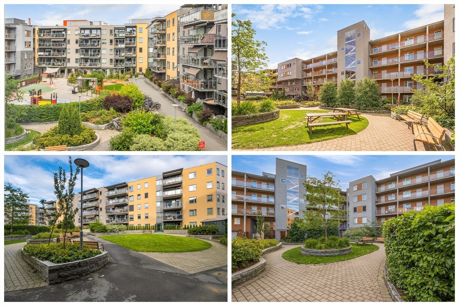 - Den skjermede bakgården har flere sittegrupper, opparbeidede grøntområder, sykkelparkering, søppelsjakter og inngang fra tre sider - Galleribilde