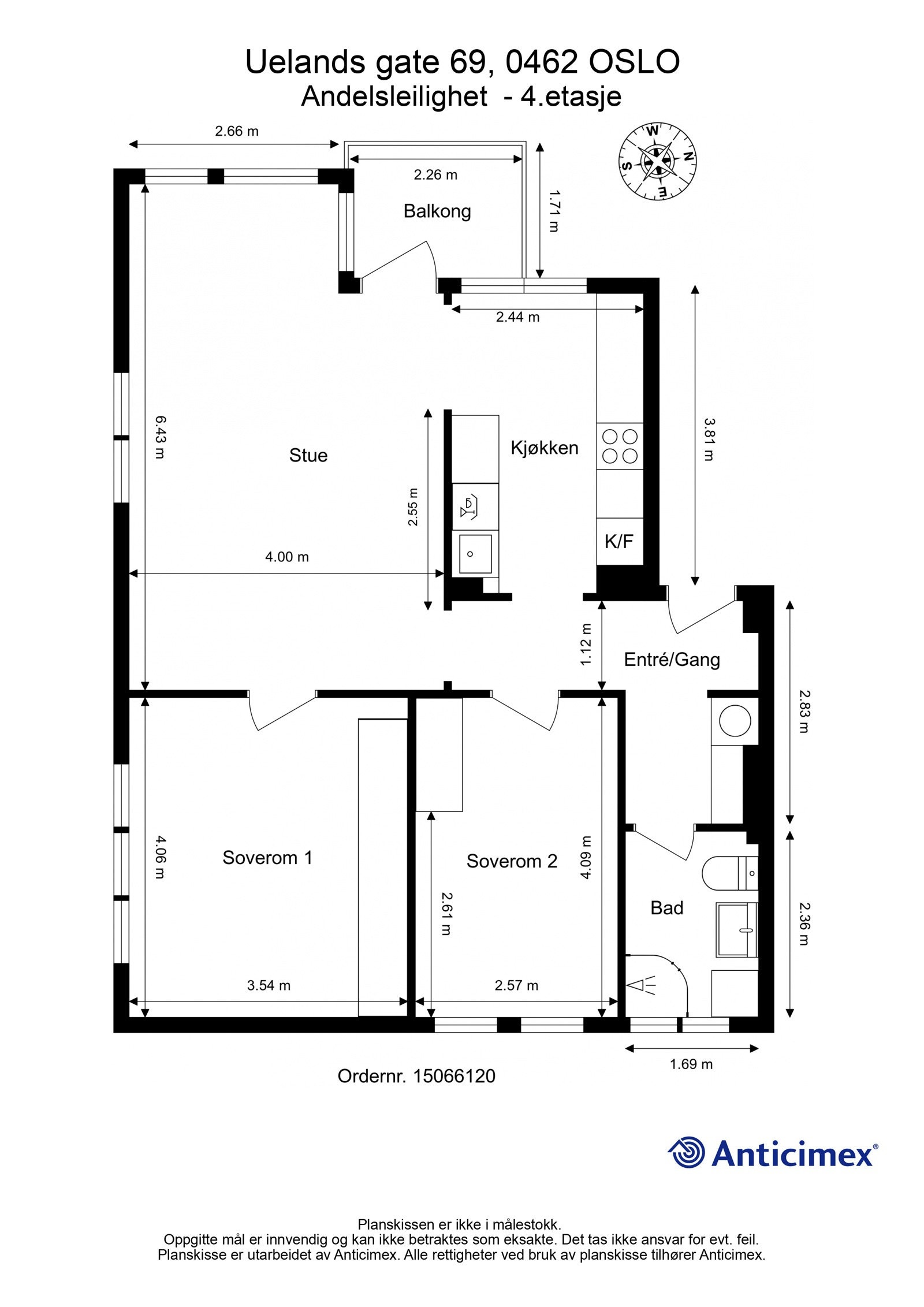 Plantegning. I tillegg disponerer leiligheten 2 boder, en i kjeller ca. 7m² og en loftsbod med gulvareal på ca. 12m². Galleribilde