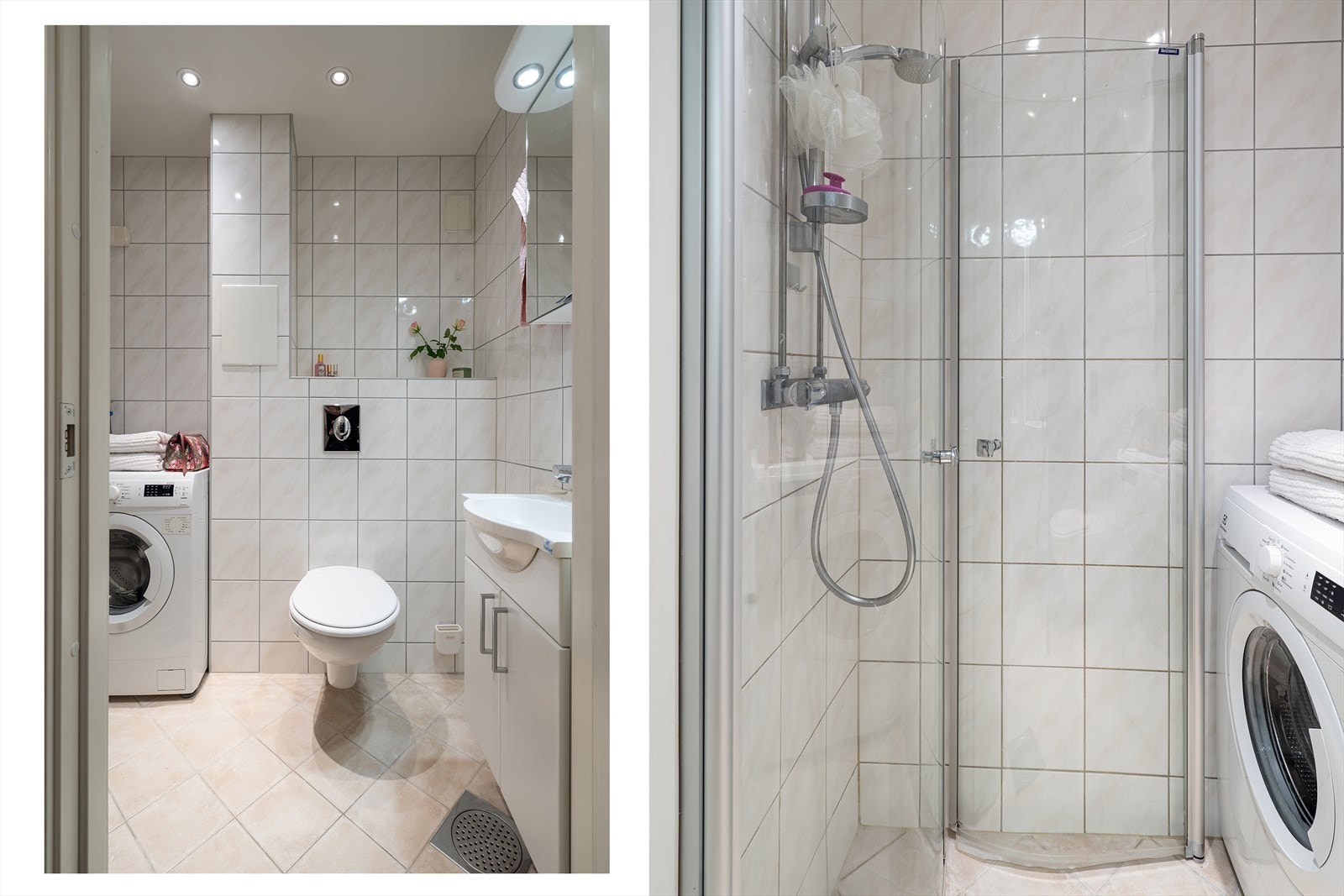 Baderommet fremstår som delikat med lyse fliser, downlights og varmekabler. Galleribilde