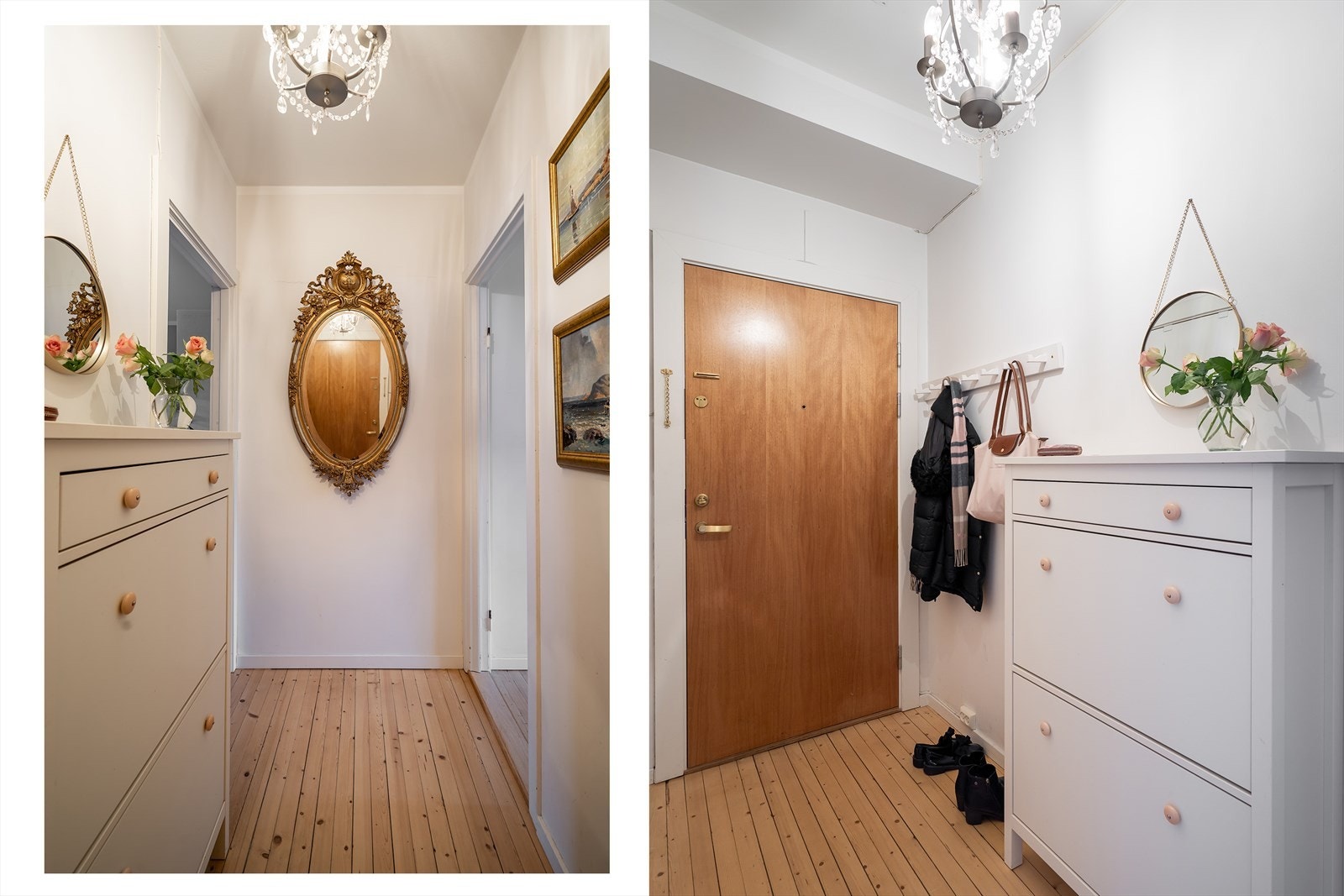 Romslig og innbydende entré med gode muligheter for oppheng av yttertøy og oppstilling av sko. Galleribilde