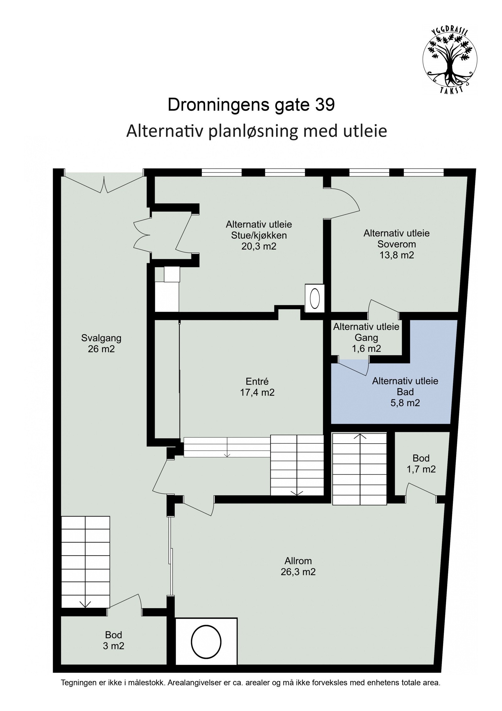 Alternativ planskisse med hybeldel i 1. etasje. Galleribilde