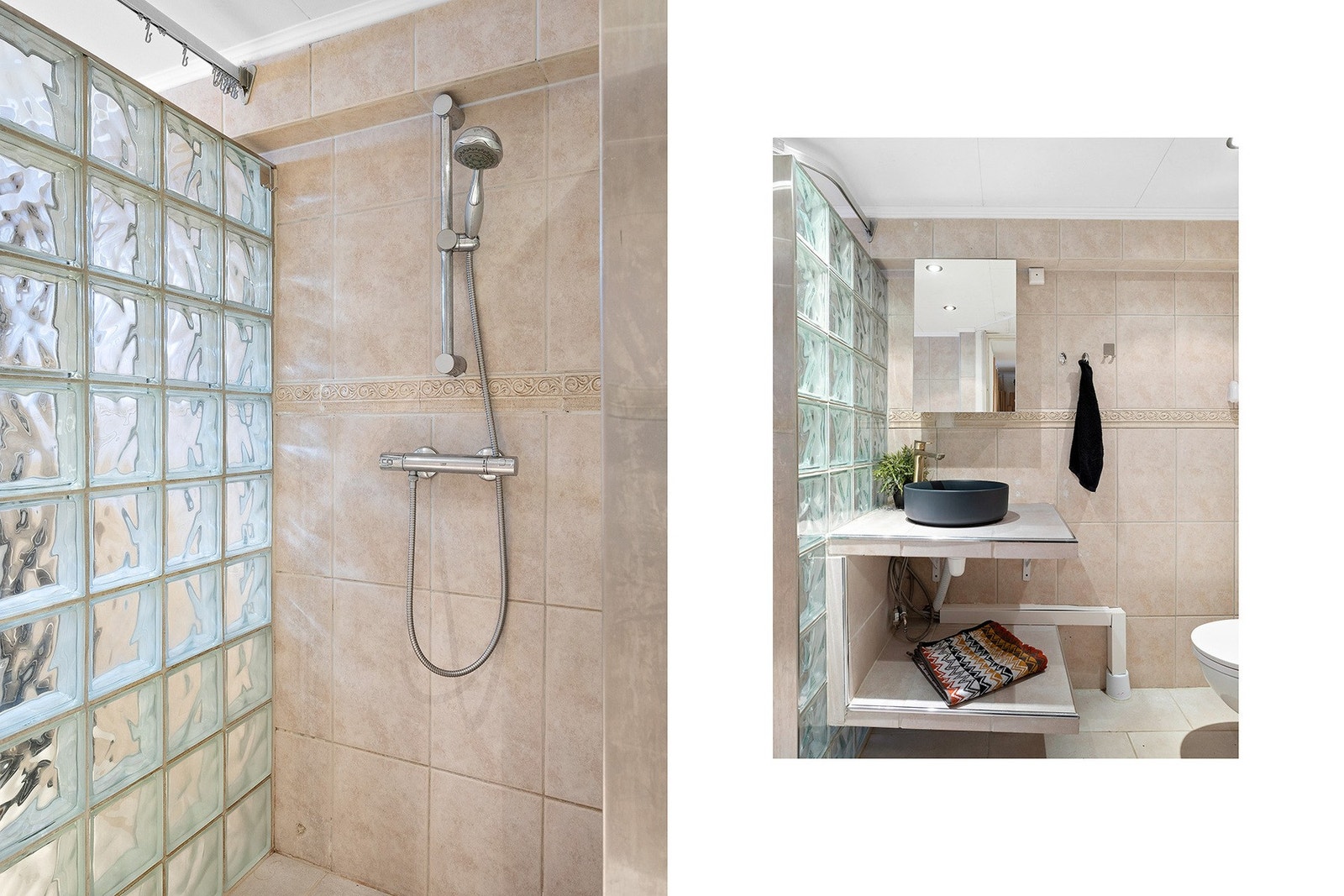 Overflatene består av flislagte gulv med varmekabler, flis på veggene og malte himlingsplater i tak. Beige fliser og spotter i taket gir rommet et tidløst preg. Flisene ble oppgradert i ca. 2022. Galleribilde