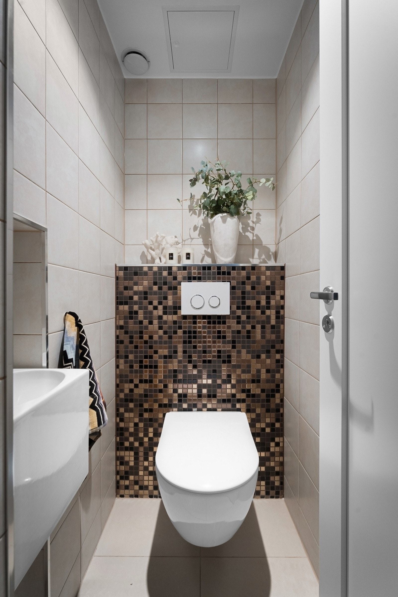 Det separate toalettet er tilknyttet entreen og er utstyrt med servant og vegghengt toalett Galleribilde