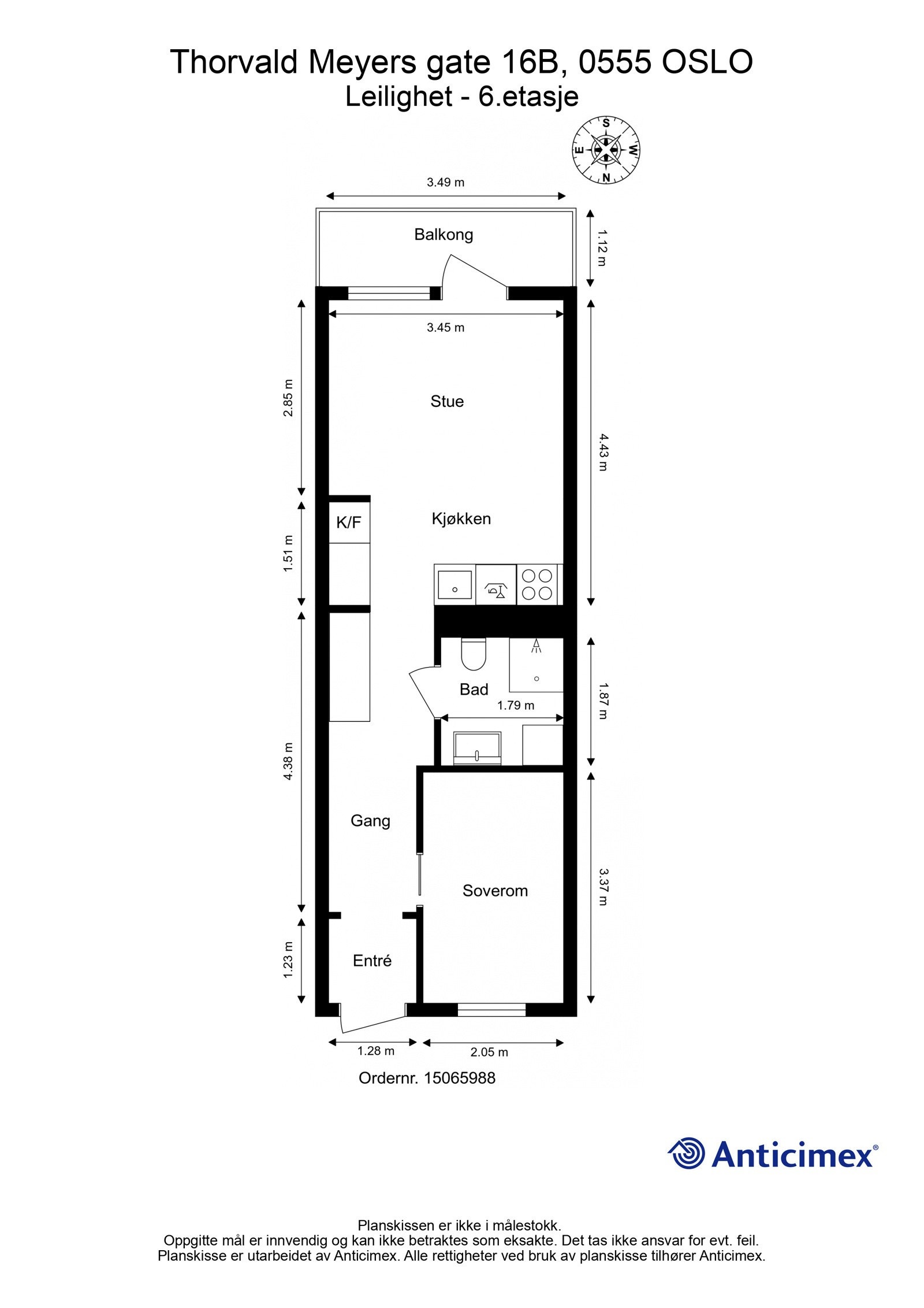 Plantegning i 2D med mål. Leiligheten disponerer i tillegg en bod i underetasje på 5 kvm. Galleribilde