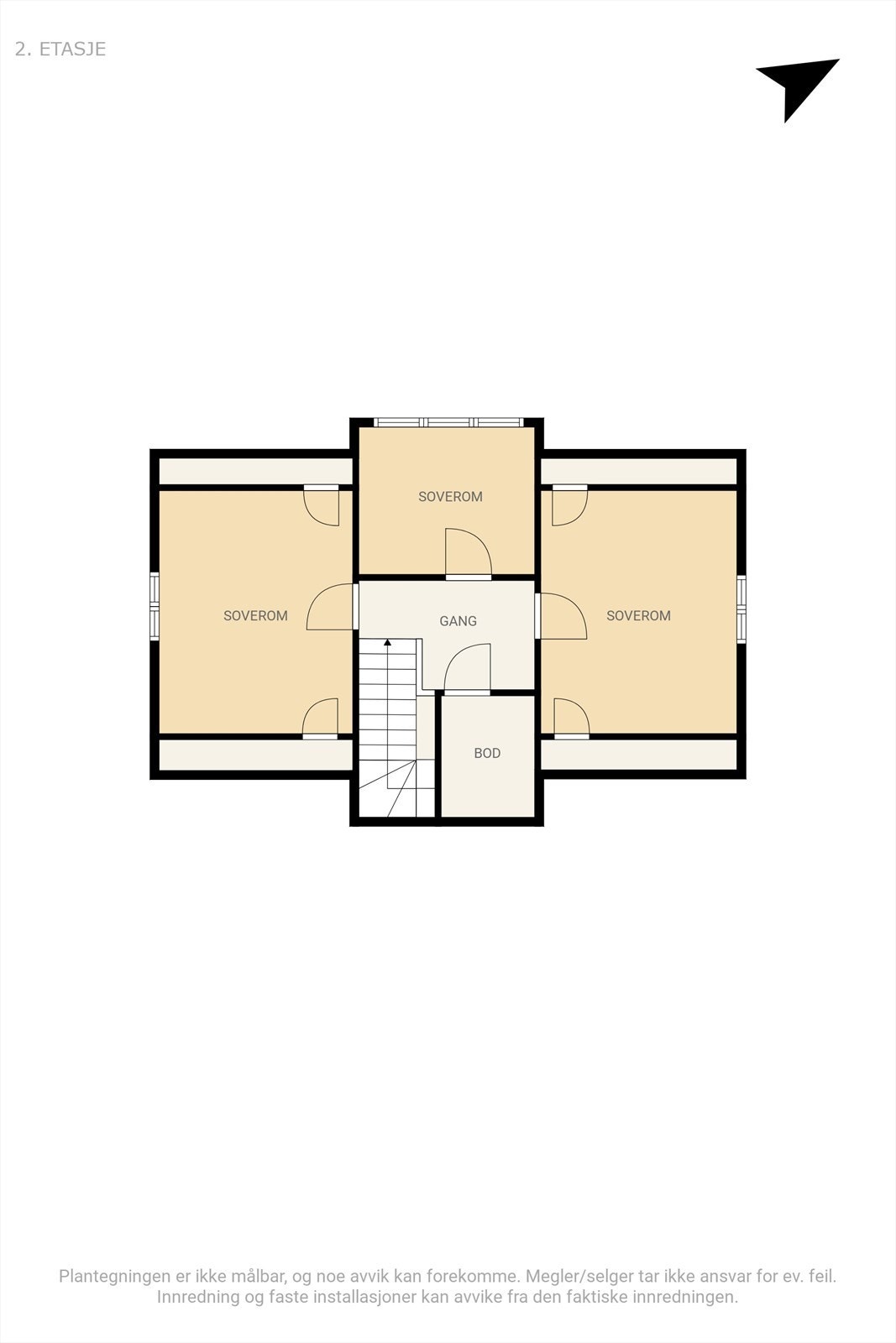 Plantegning loftetasje. Det minste soverommet er tegnet inn som loftstue på byggetegninger. Galleribilde