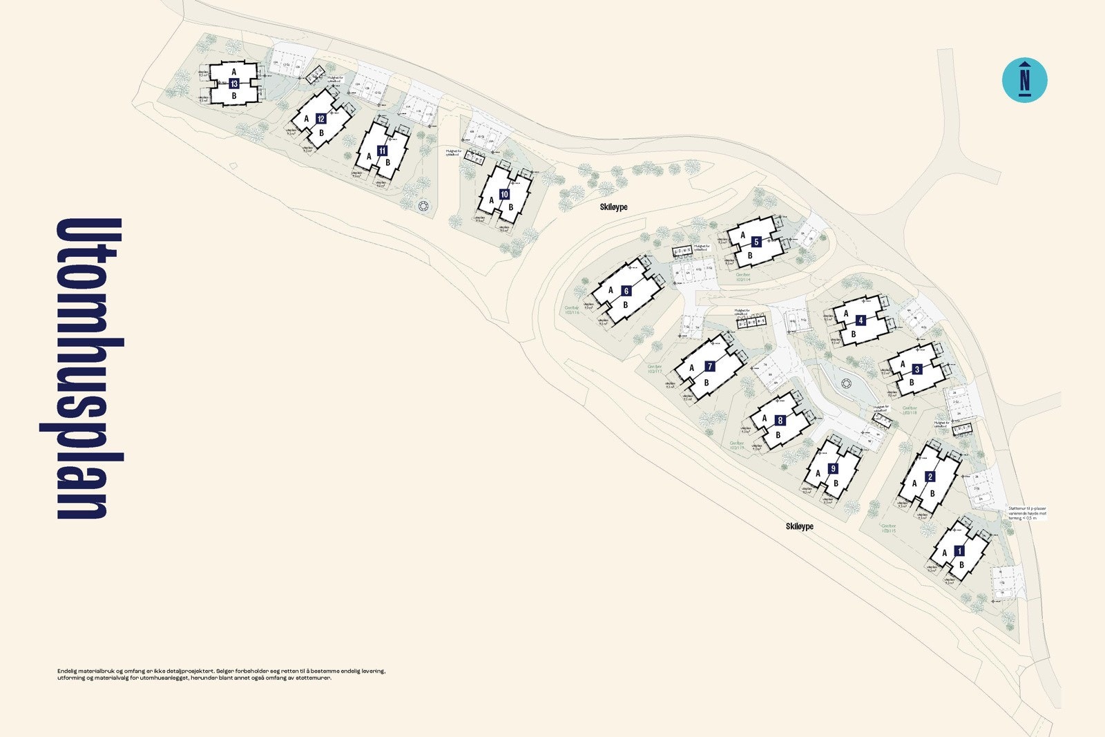Utomhusplan Vinterro. Svartskardvegen 212A er her omtalt som hytte 1B og ses lengst til høyre. Galleribilde