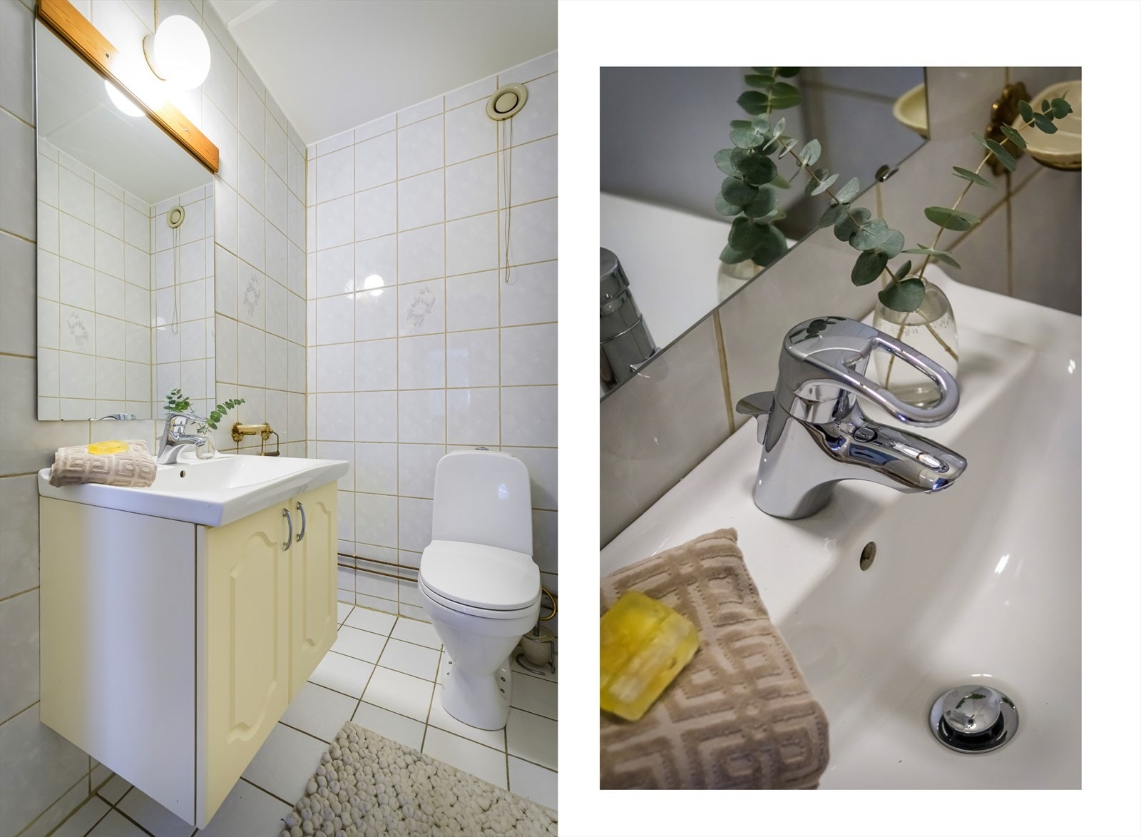 Flislagt toalettrom som består av servant med skap, speil, lys og toalett. Galleribilde