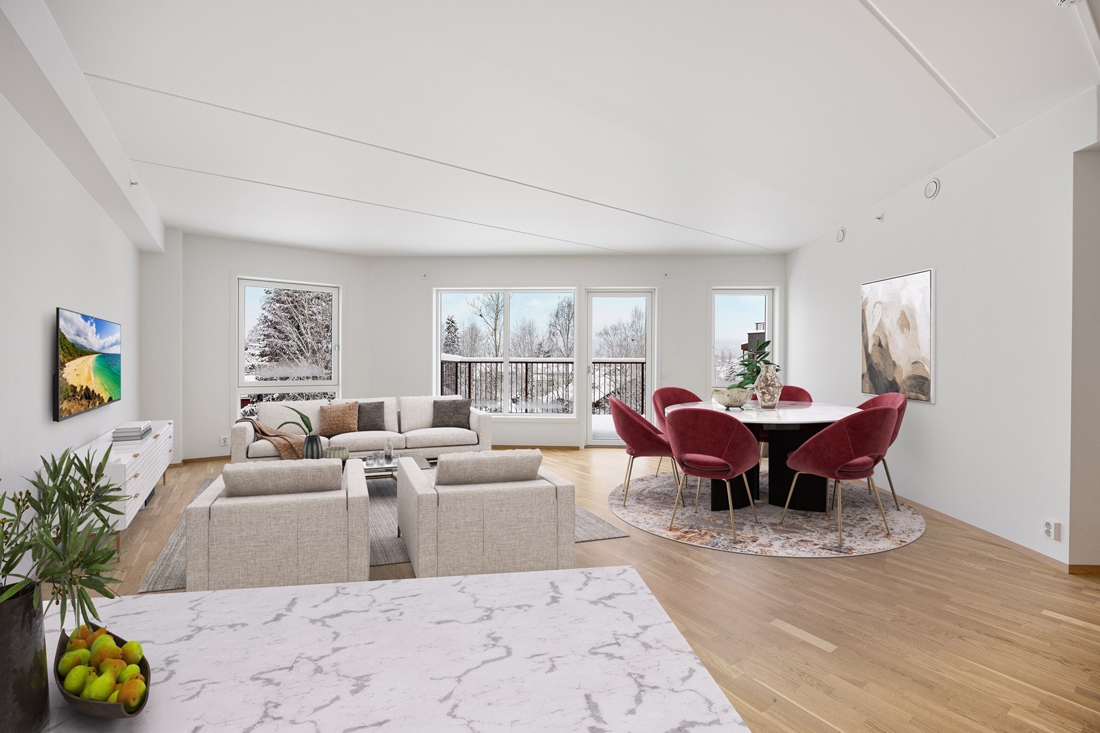 Leiligehten har en lys og luft stue med god plass til både sofagruppe og spisestuemøbler. Bildet er digitalt stylet. Galleribilde