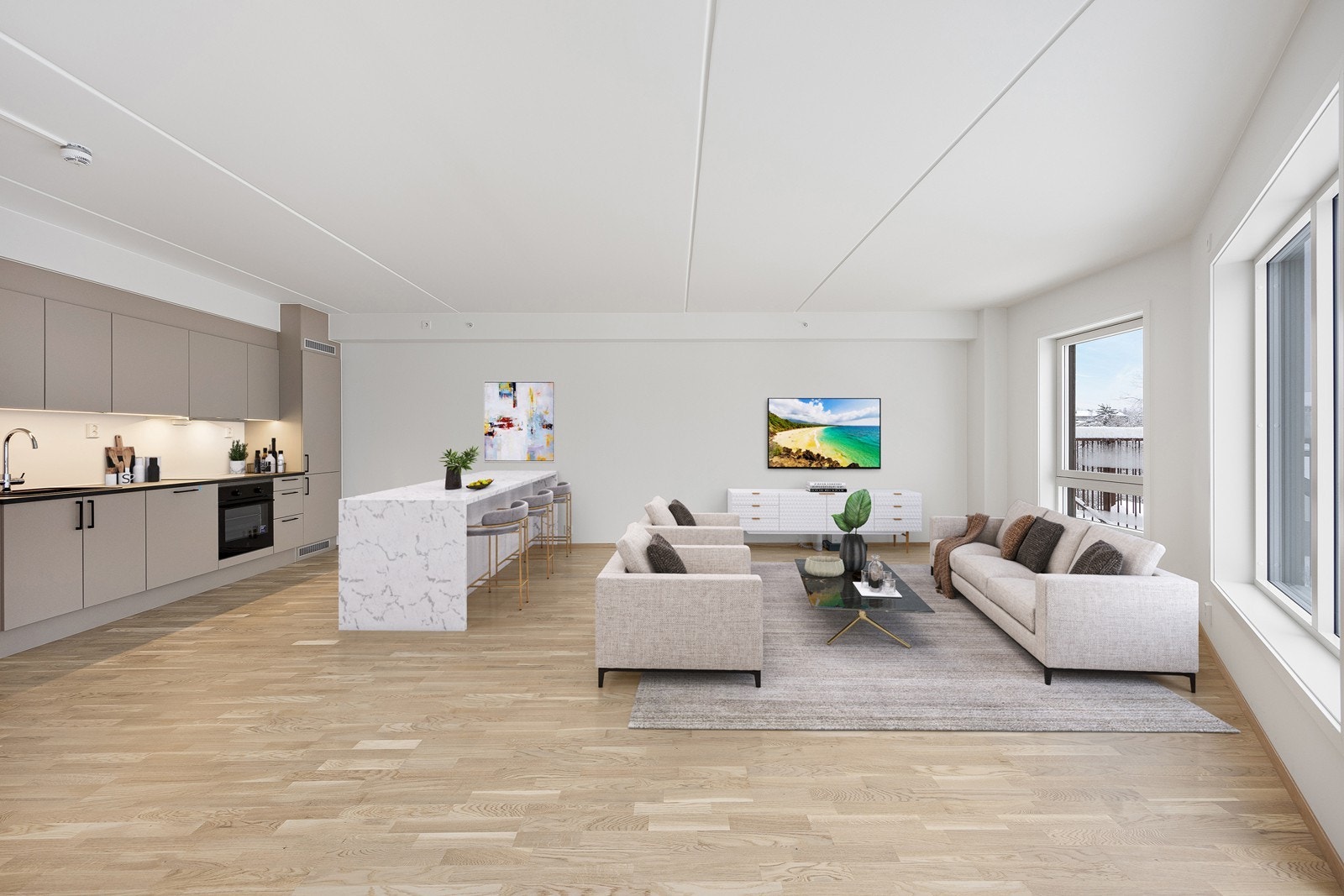 Stue og kjøkken er i åpen løsning. Bildet er digitalt stylet med møbler, interiør og kjøkkenøy. Galleribilde