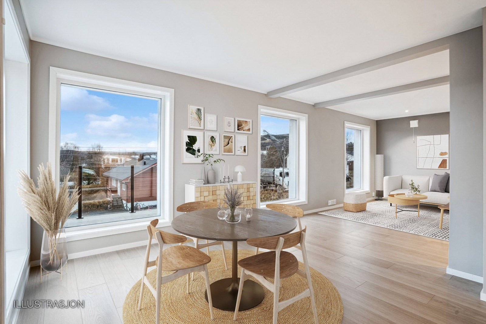 Leiligheten ble renovert i 2023. Stuen er holdt i moderne farger Galleribilde