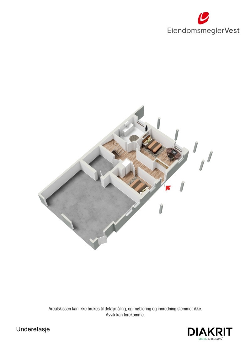 3D planskisse av underetasjen og garasjen. Galleribilde