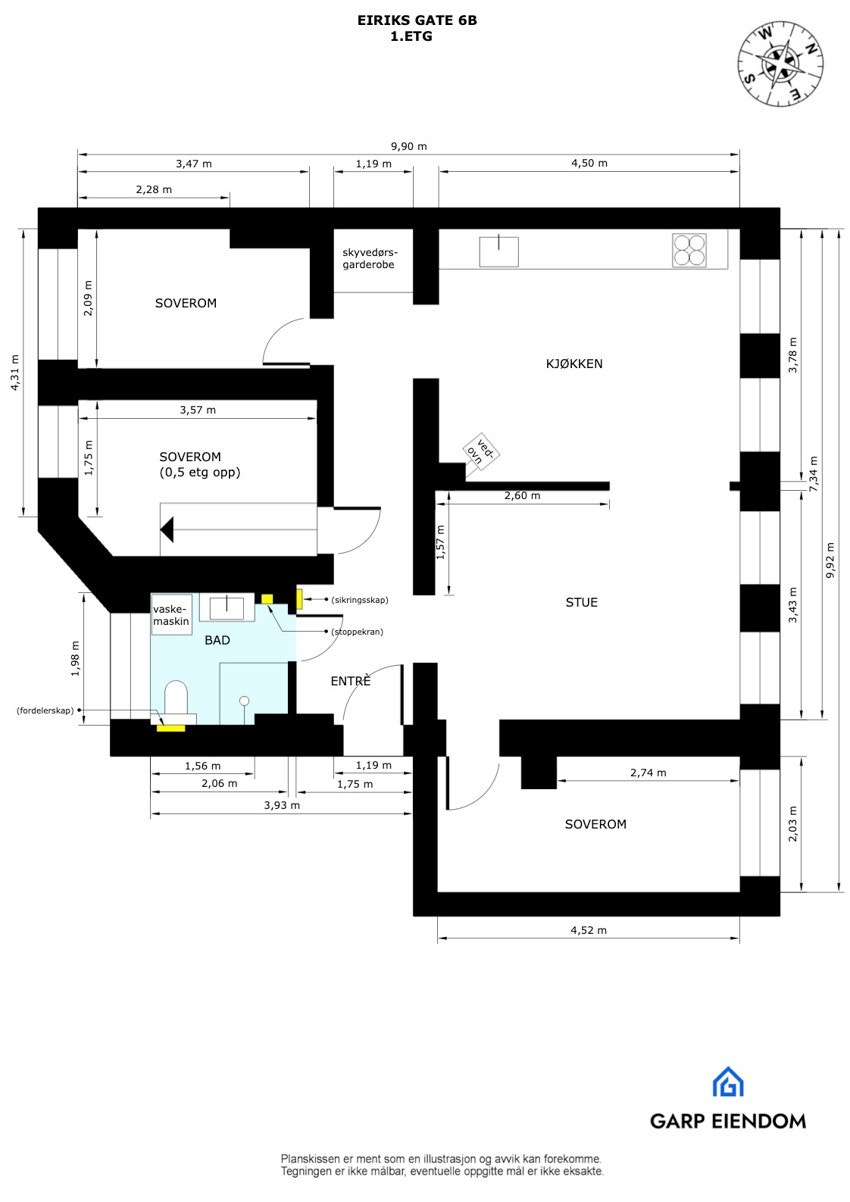 Plantegning i 2D med mål. Galleribilde