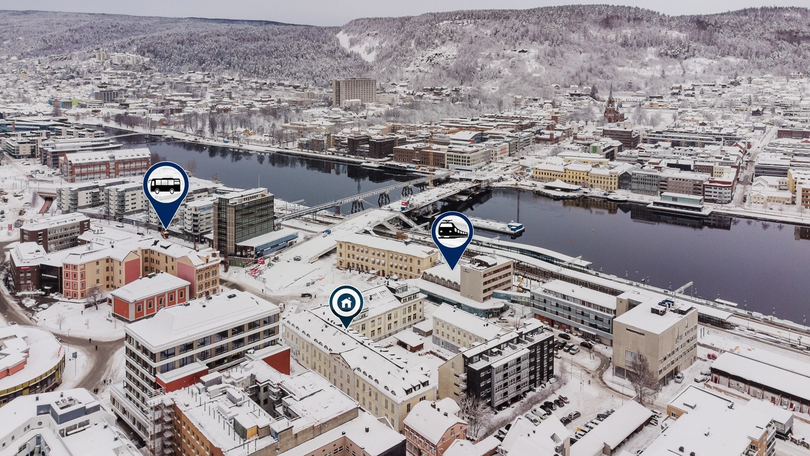 Med plassering midt på torget har man gangavstand til det aller meste. Det er også hyggelige turområder rundt Drammenelva med fine forhold for en sykkel- eller en søndagstur Galleribilde