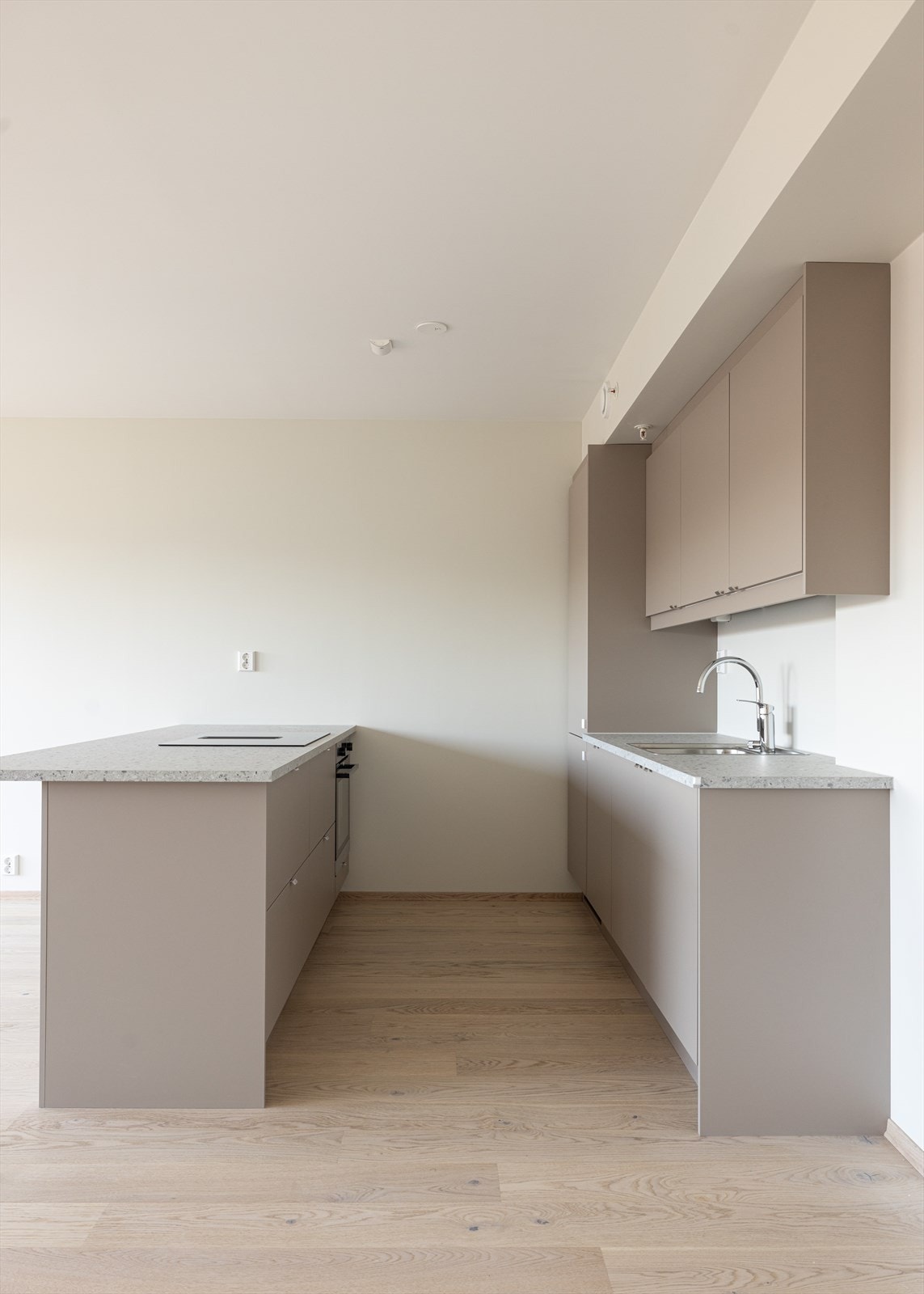 Lekker kjøkkeninnredning fra Systemkjøkken i en nydelig, behagelig fargetone på glatte fronter som harmonerer fint med veggfargen. Galleribilde