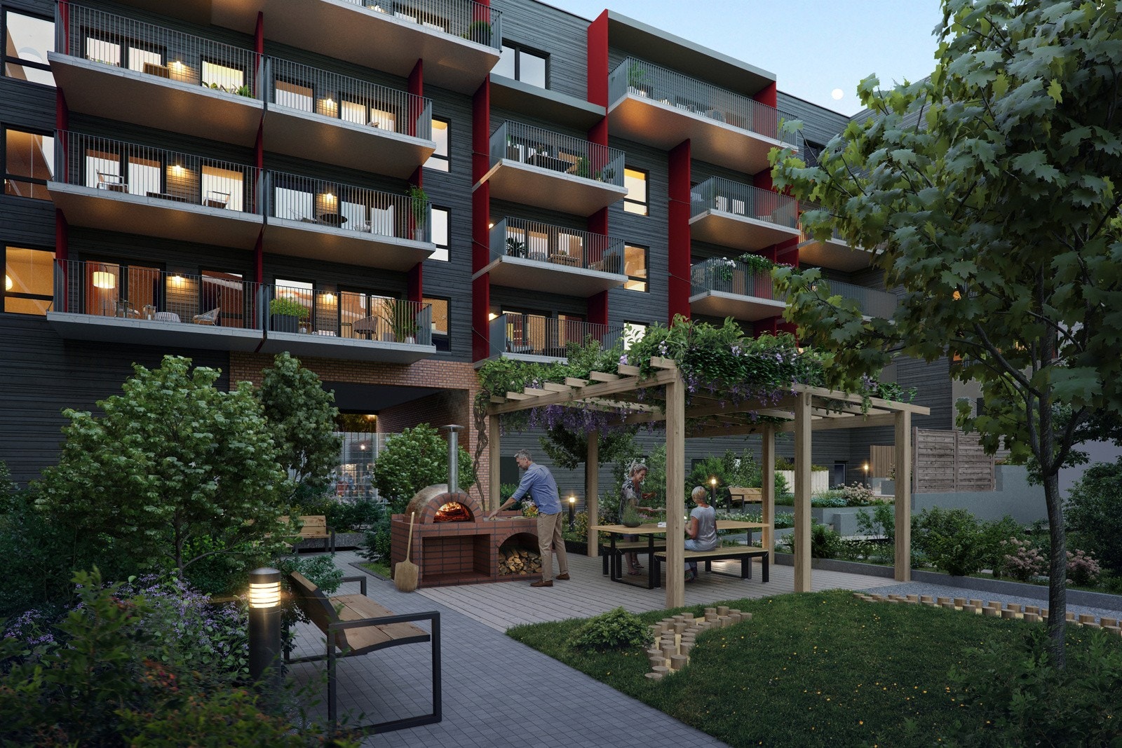 Bakhagen blir selve hjertet i prosjektet, og er nøye planlagt og utviklet av landskapsarkitekter. Her skal det etableres en hage med flere soner og beplantning til glede for beboerne. Galleribilde