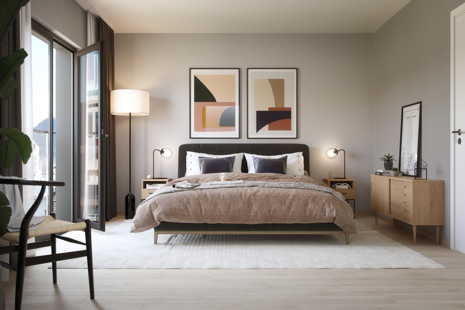 Leiligheten har et soverom på 8 kvm. Soverommet ligger vendt mot rolig og koselig atrium og har vindu ut mot samme bakhage. Illustrasjon av leilighet 206 i prosjektet. Galleribilde