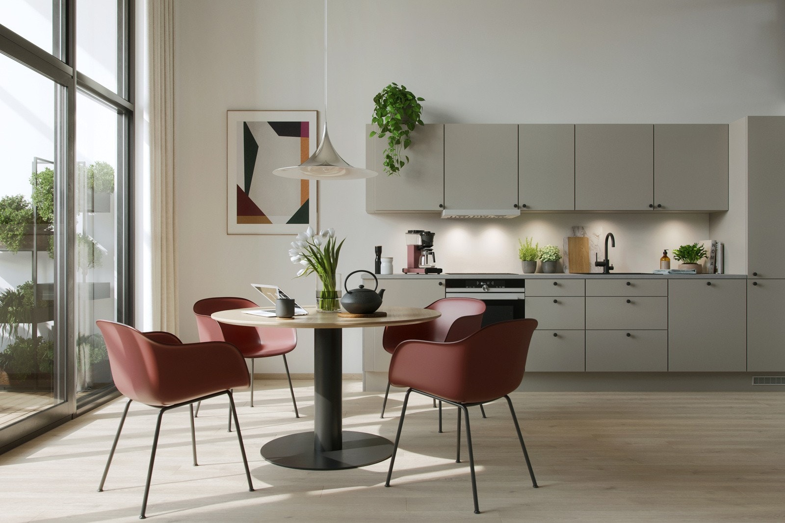 Kjøkkenet har et moderne og arealeffektivt design med god benkeflater og oppbevaringsplass. Illustrasjon av leilighet 102 i prosjektet. Galleribilde