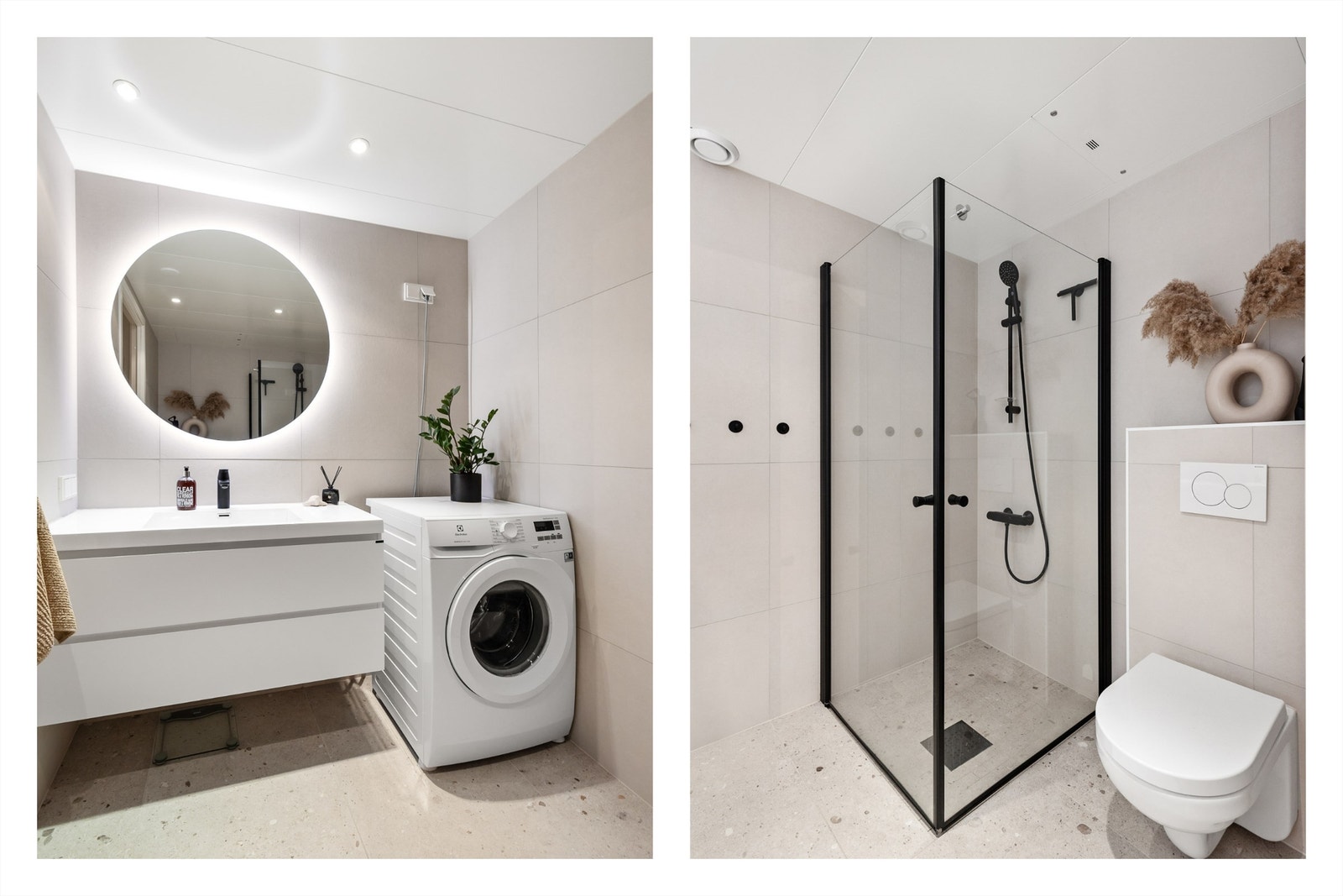 Begge badene er innredet med vegghengt klosett, servant nedfelt i innredning, speil med lys og dusjhjørne med svingbare glassdører. Galleribilde