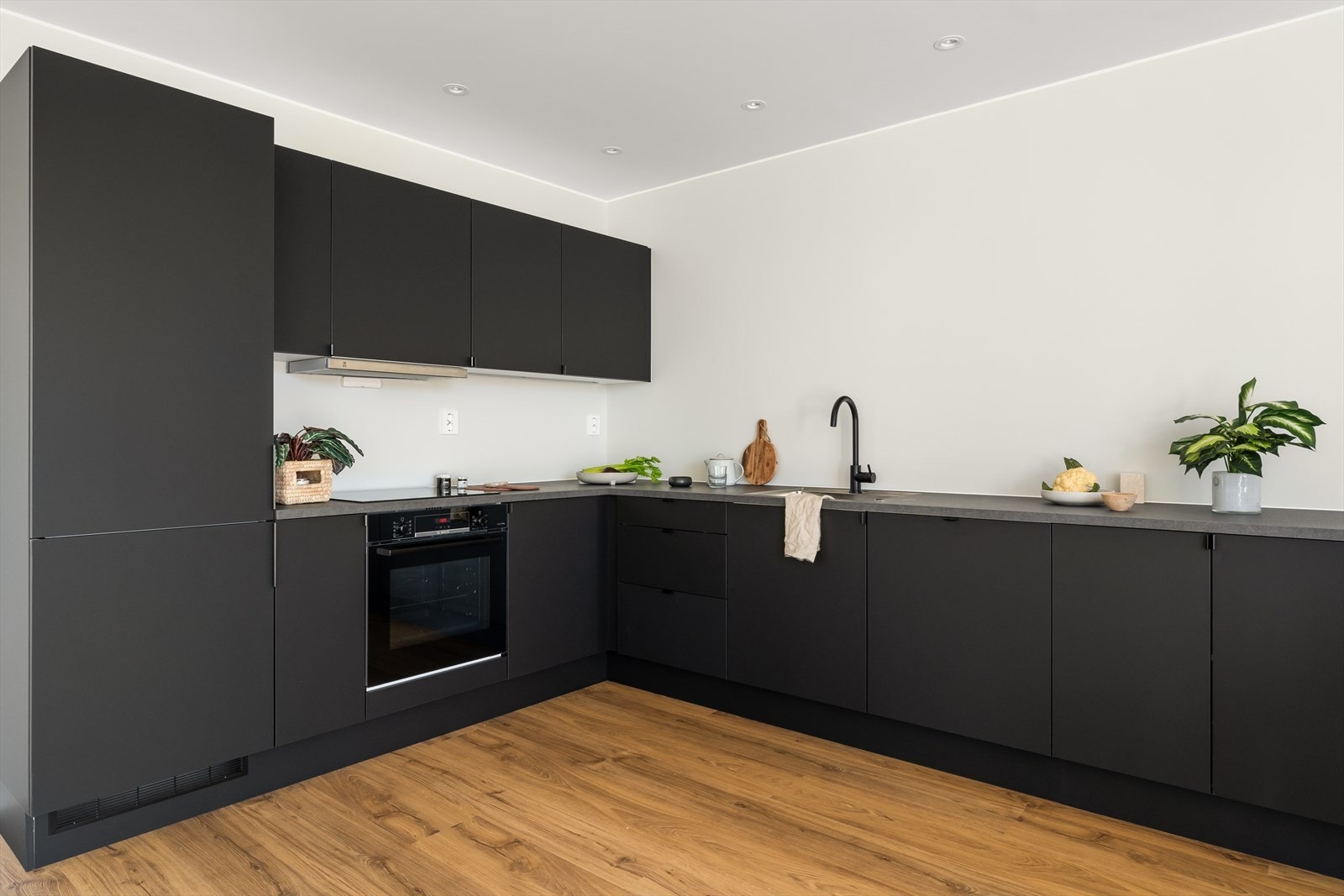 Utstyrt med integrerte hvitevarer som oppvaskmaskin, stekeovn, induksjonstopp og kjøleskap med frysedel. Galleribilde