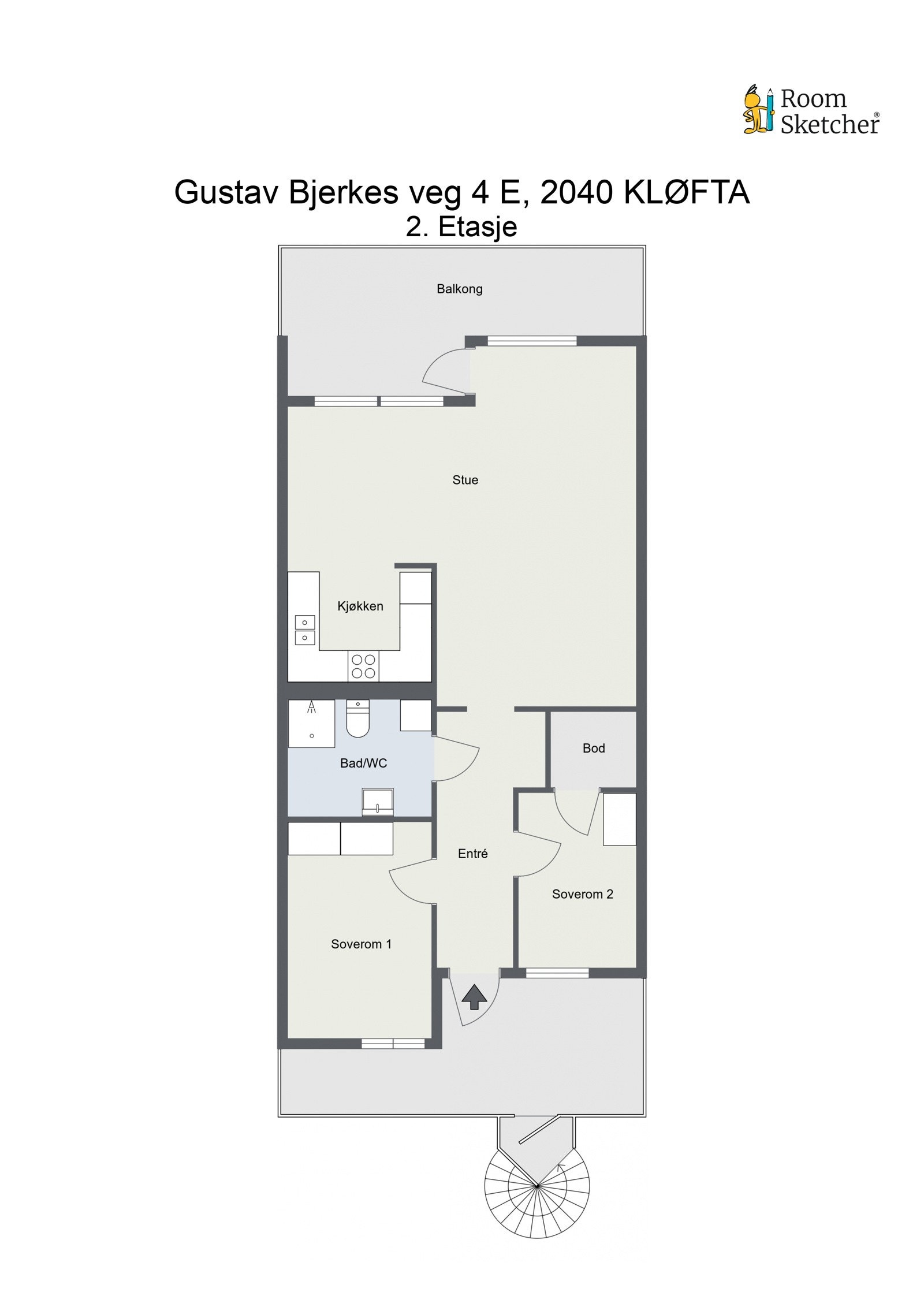 Plantegning 3. etg. Består av to soverom, bad, kjøkken og romslig stue med utgang til balkong. Galleribilde