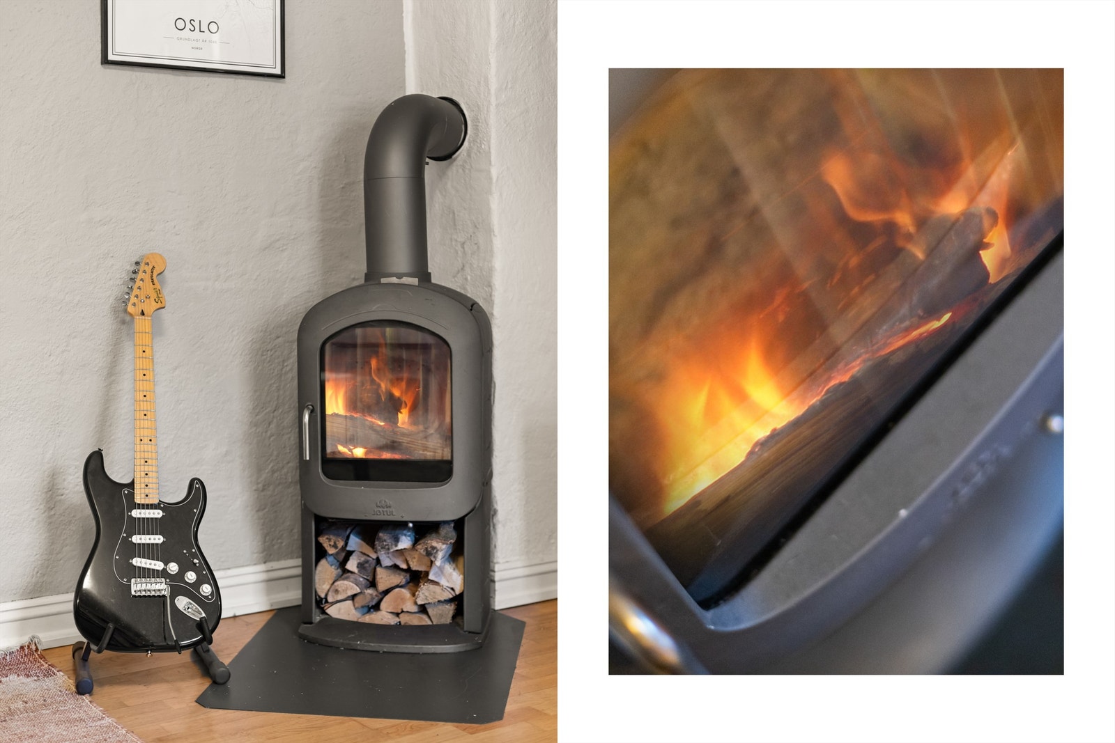 Med fin plassering i rommet er det en peisovn som varmer godt på kalde høst- og vinterdager, samt bidrar med mye hygge. Rommet har også gulvvarme som gjør rommet lunt og godt. Galleribilde